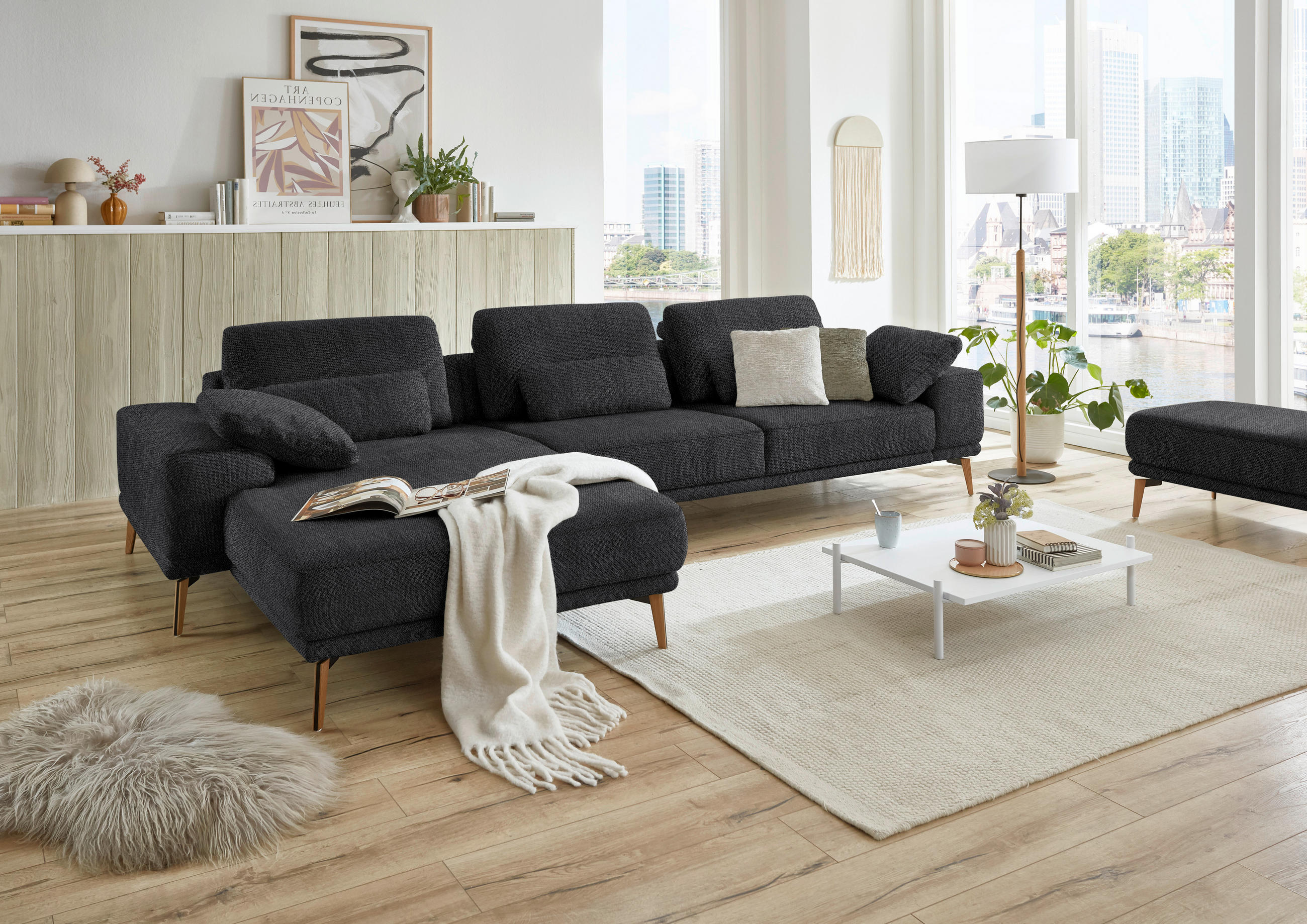 ECKSOFA in Flachgewebe Schwarz  - Wildeiche/Schwarz, Design, Holz/Textil (193/334cm) - Niels Andersson