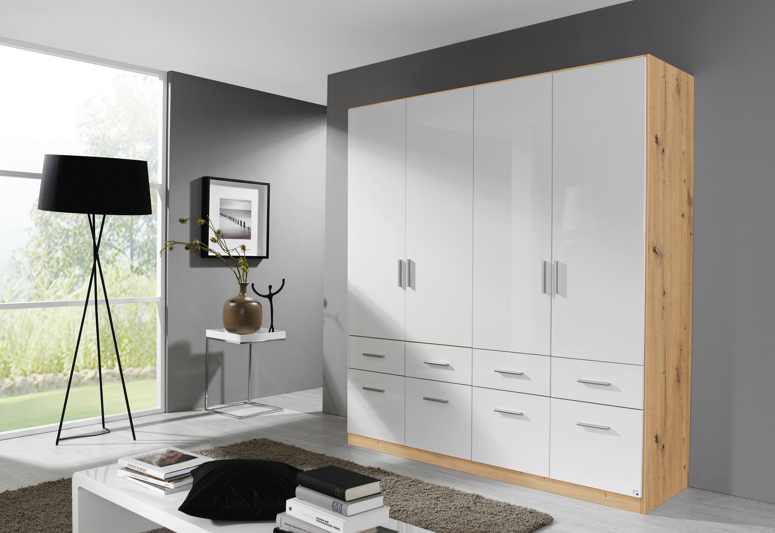 DREHTÜRENSCHRANK in Eiche Artisan, Weiss Hochglanz  - Weiss Hochglanz/Chromfarben, Modern, Holzwerkstoff/Kunststoff (181/210/54cm) - Rauch Möbel