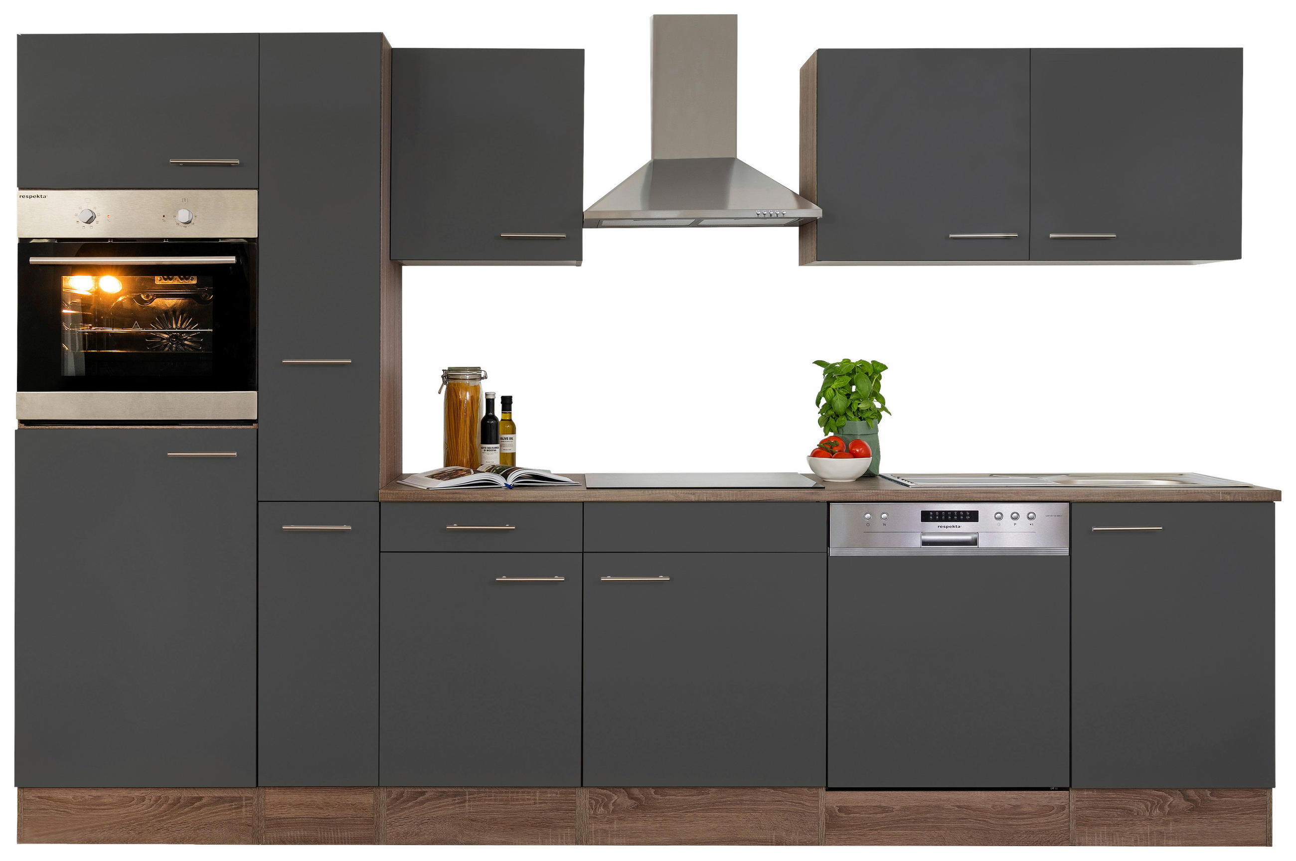 KÜCHENBLOCK 310 cm in Grau, Eichefarben - Edelstahlfarben/Eichefarben, Design, Holzwerkstoff (310cm) - Respekta
