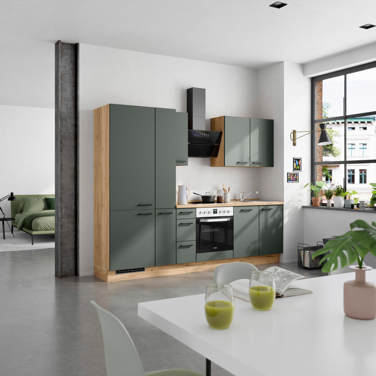 KÜCHENBLOCK Easytouch 270 cm  in Eichefarben, Dunkelgrün  - Dunkelgrün/Eichefarben, MODERN, Holzwerkstoff/Metall (270cm) - Nobilia