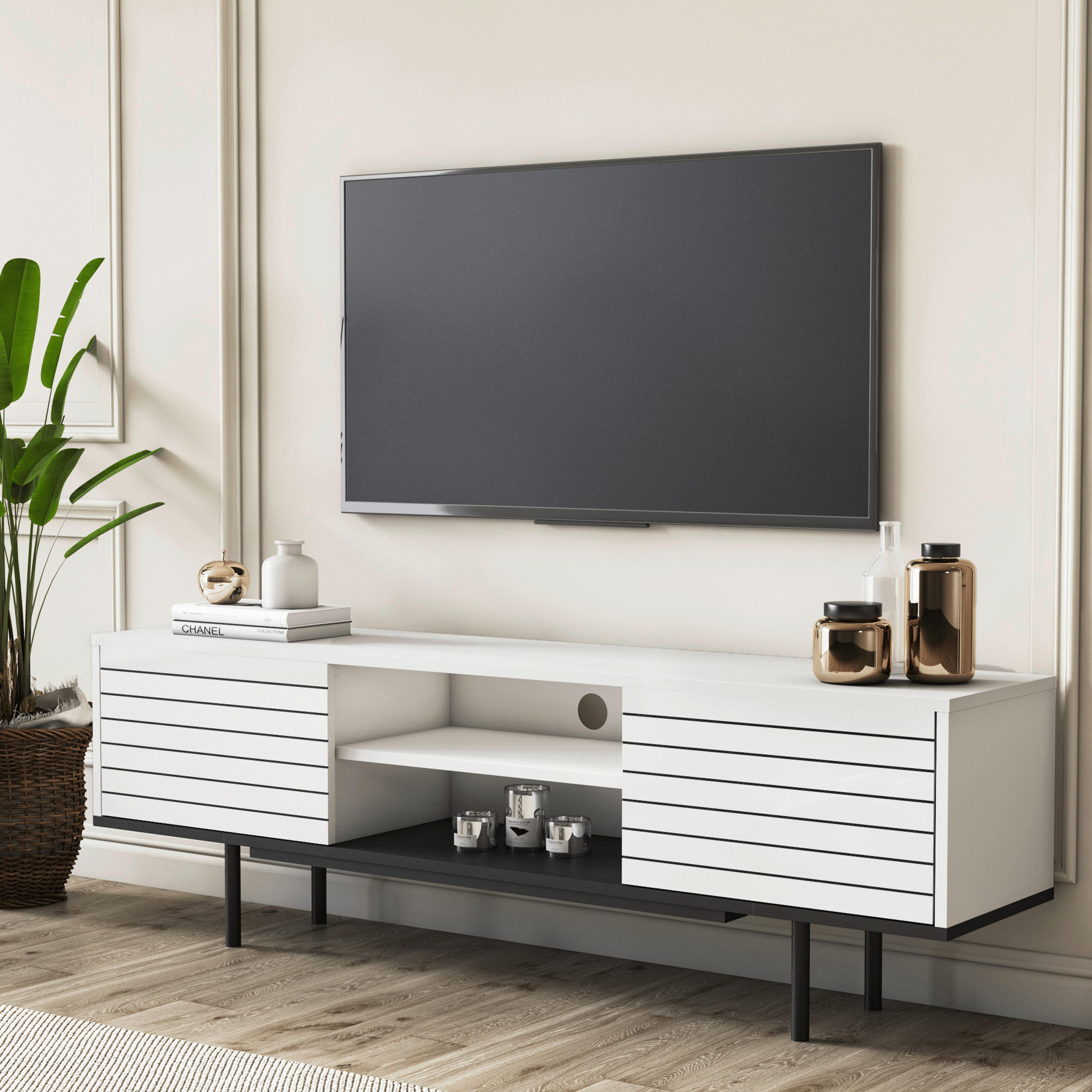 TV-BÄNK 160/50,5/35 cm  - vit/valnötsfärgad, Design, trämaterial (160/50,5/35cm) - Livetastic