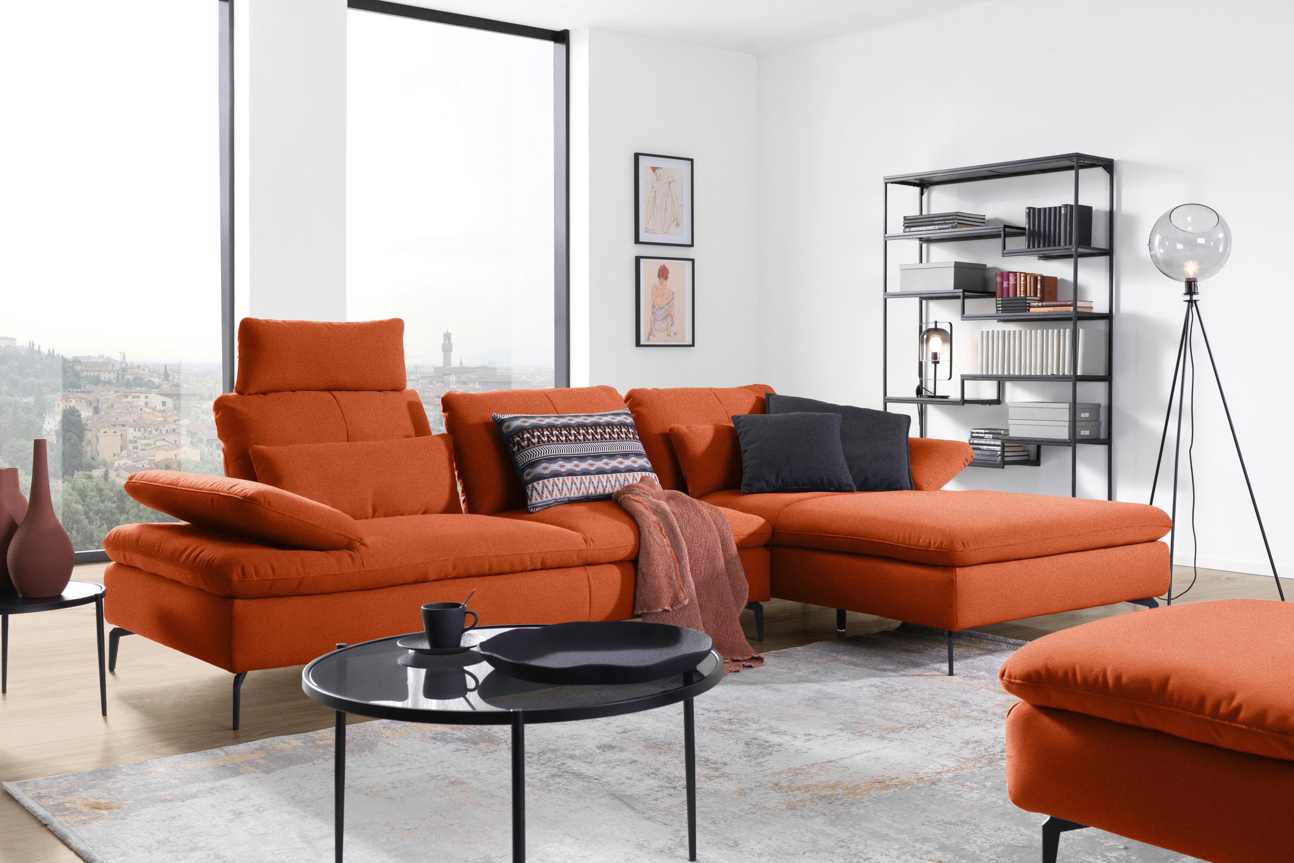 ECKSOFA in Webstoff Terracotta  - Terracotta/Schwarz, Design, Textil/Metall (301/179cm) - Chilliano