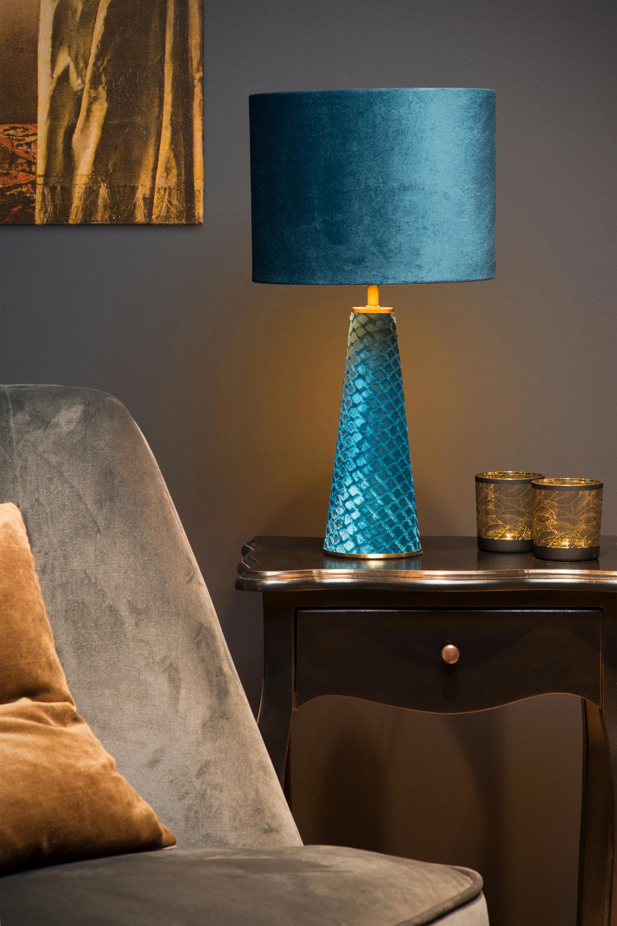 TISCHLEUCHTE EXTRAVAGANZA VELVET 25/47 cm   - Türkis/Goldfarben, Design, Textil/Metall (25/47cm) - Lucide