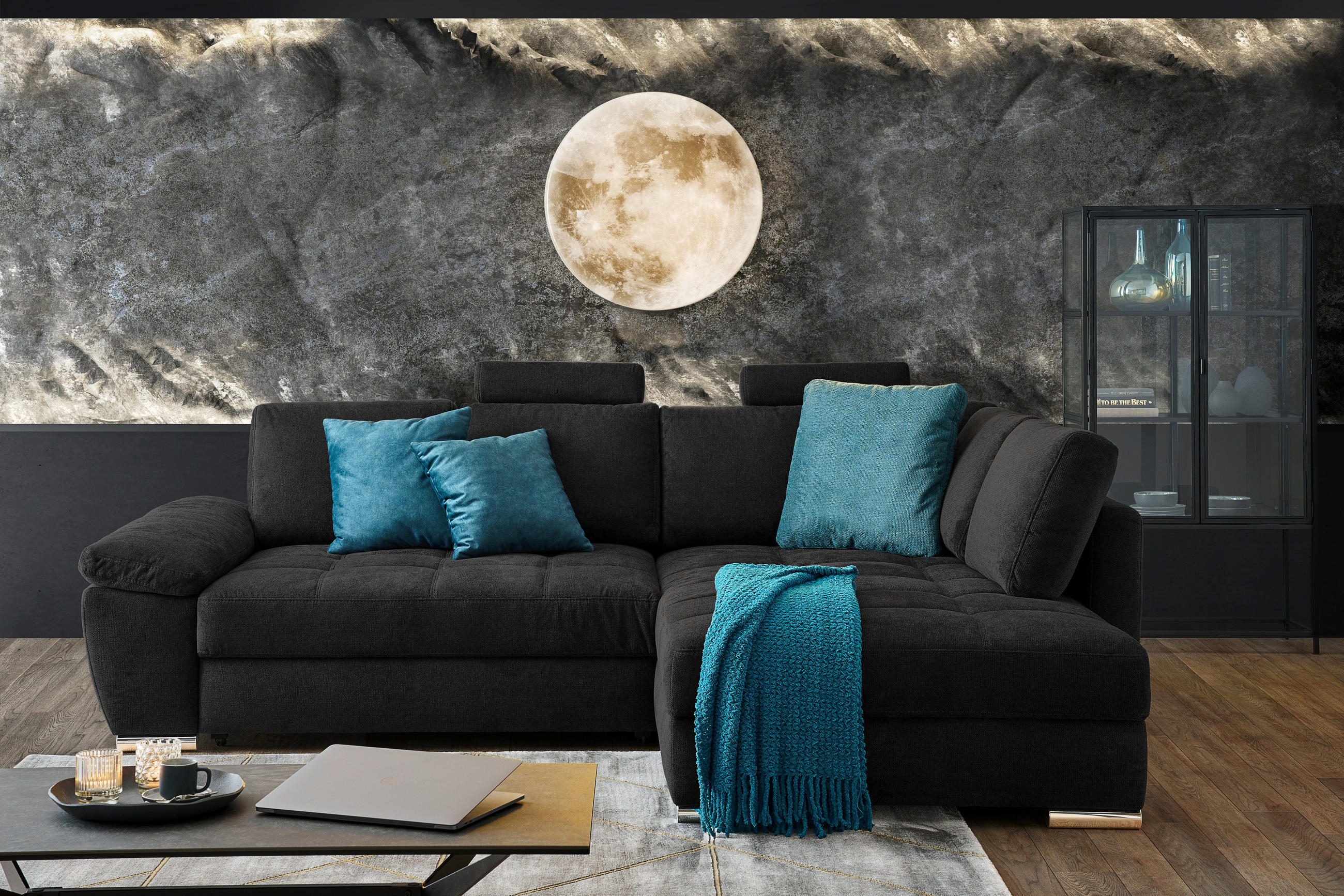 ROHOVÁ SEDAČKA, textil, černá, petrolej - petrolej/černá, Design, textil/plast (276/212cm) - Carryhome