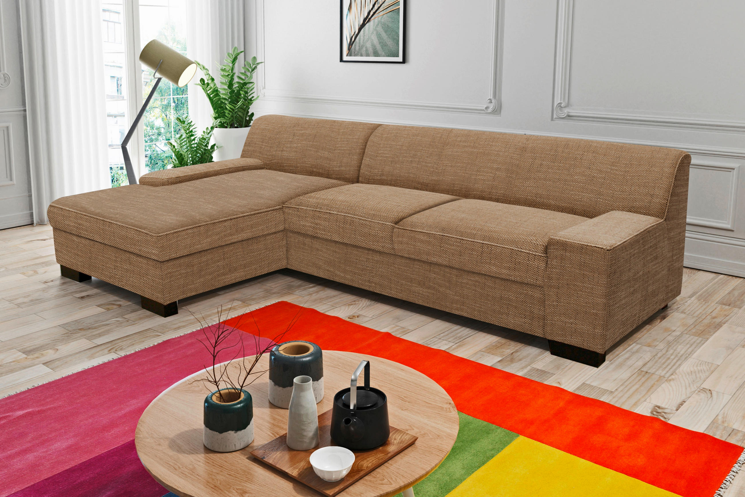 ECKSOFA Braun, Beige Webstoff - Wengefarben/Beige, Design, Holz/Textil (153/268cm) - MID.YOU