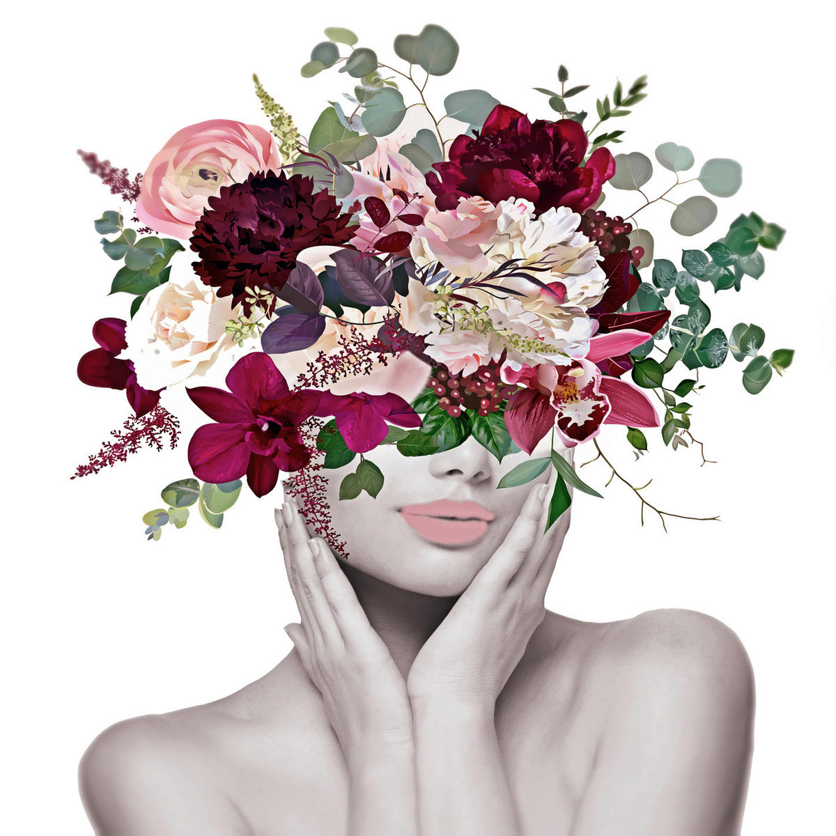 KUNSTDRUCK Blumen, Frauen 50/50 cm  - Bordeaux/Rosa, Basics, Papier (50/50cm) - Monee