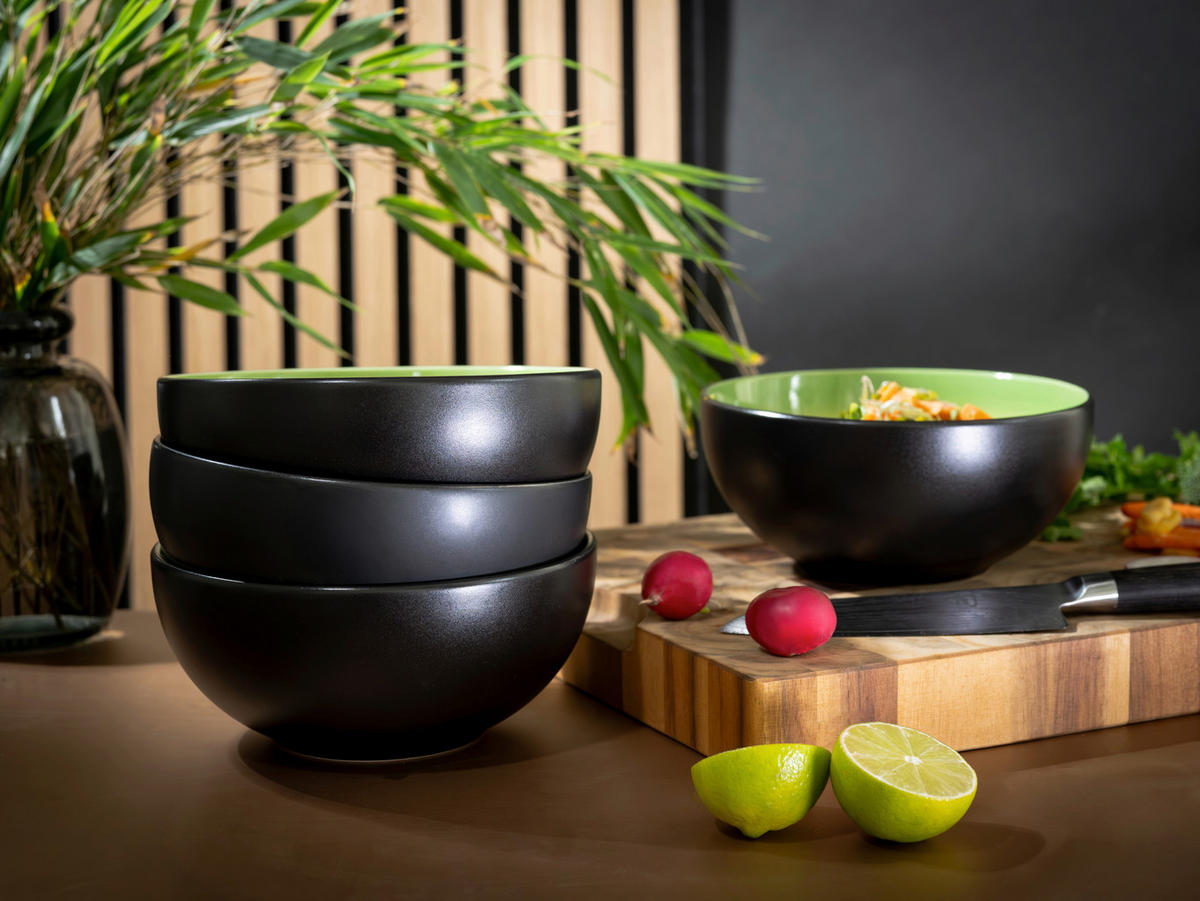 SKÅLSET Hot Green 4 delar  - grön/svart, Basics, keramik (17,5/8,5cm) - Creatable