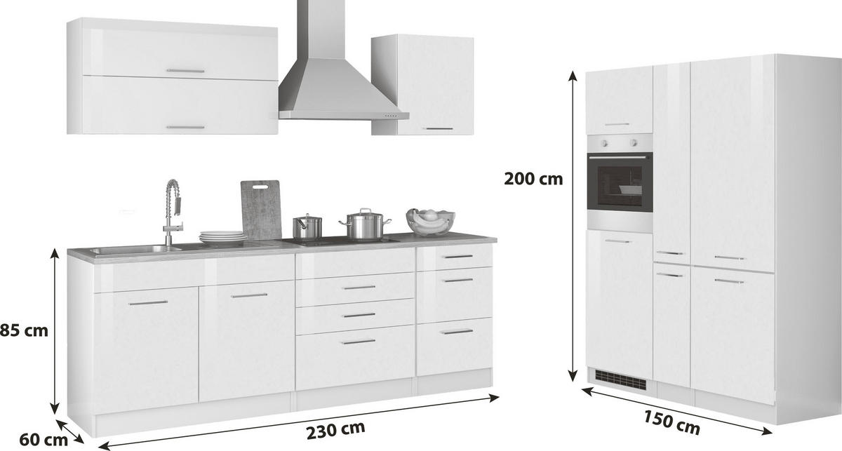 KÜCHENBLOCK 230-150 cm   in Weiß, Weiß Hochglanz  - Chromfarben/Eichefarben, MODERN, Holzwerkstoff/Metall (230-150cm) - Held