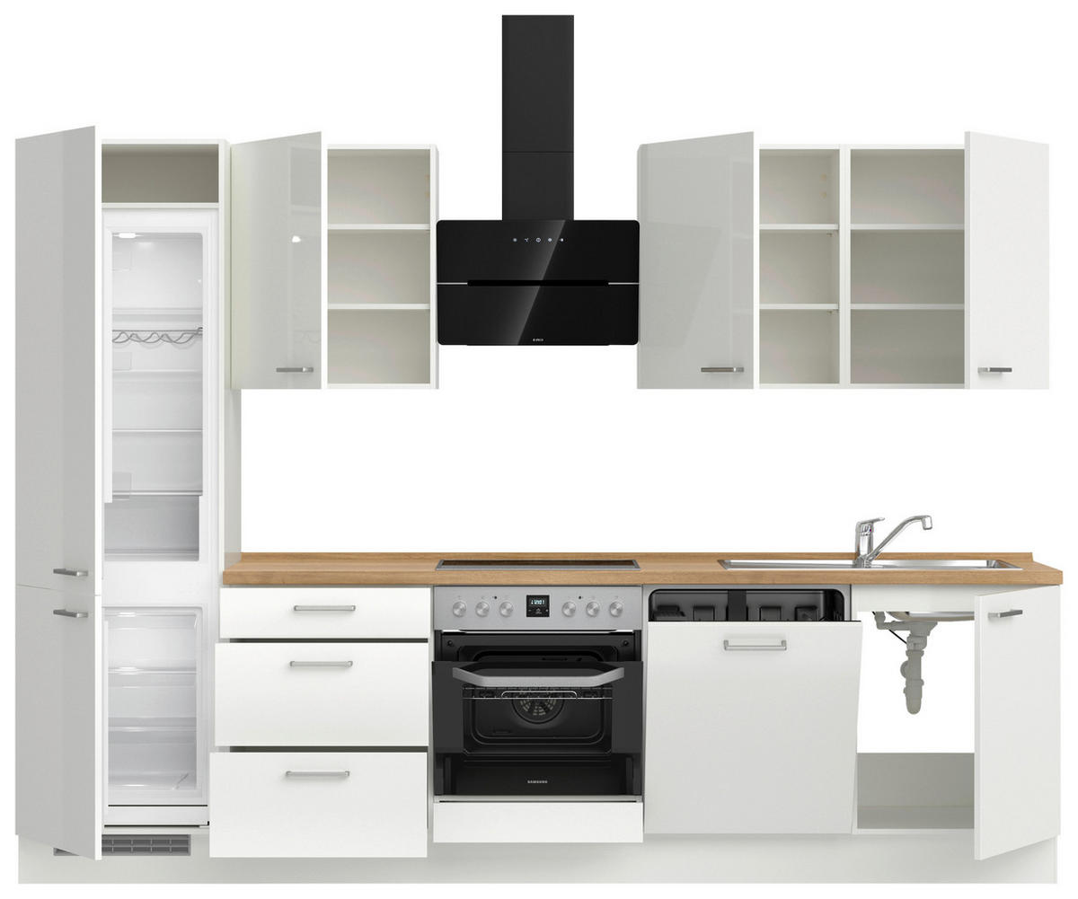 KÜCHENLEERBLOCK 300 cm   in Eichefarben, Weiß Hochglanz  - Edelstahlfarben/Eichefarben, MODERN, Holzwerkstoff/Metall (300cm) - Nobilia