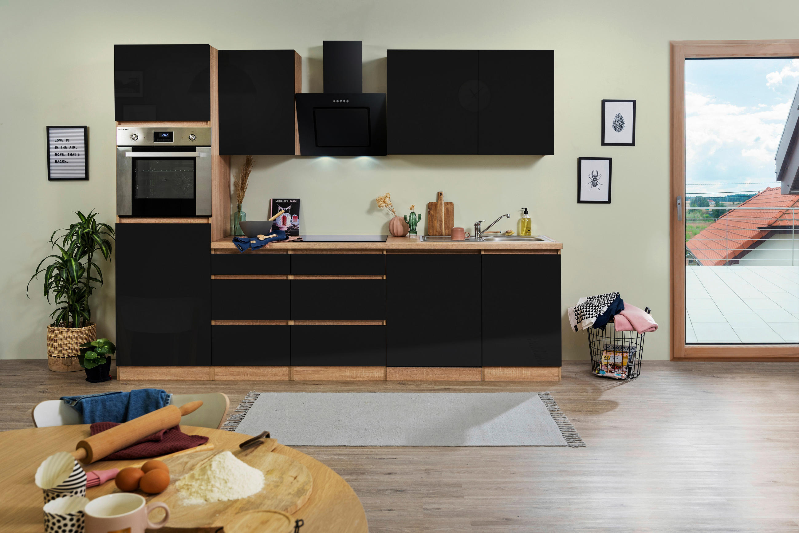 KÜCHENBLOCK 280 cm   in Eichefarben  - Eichefarben/Schwarz, MODERN, Holzwerkstoff (280cm) - Respekta