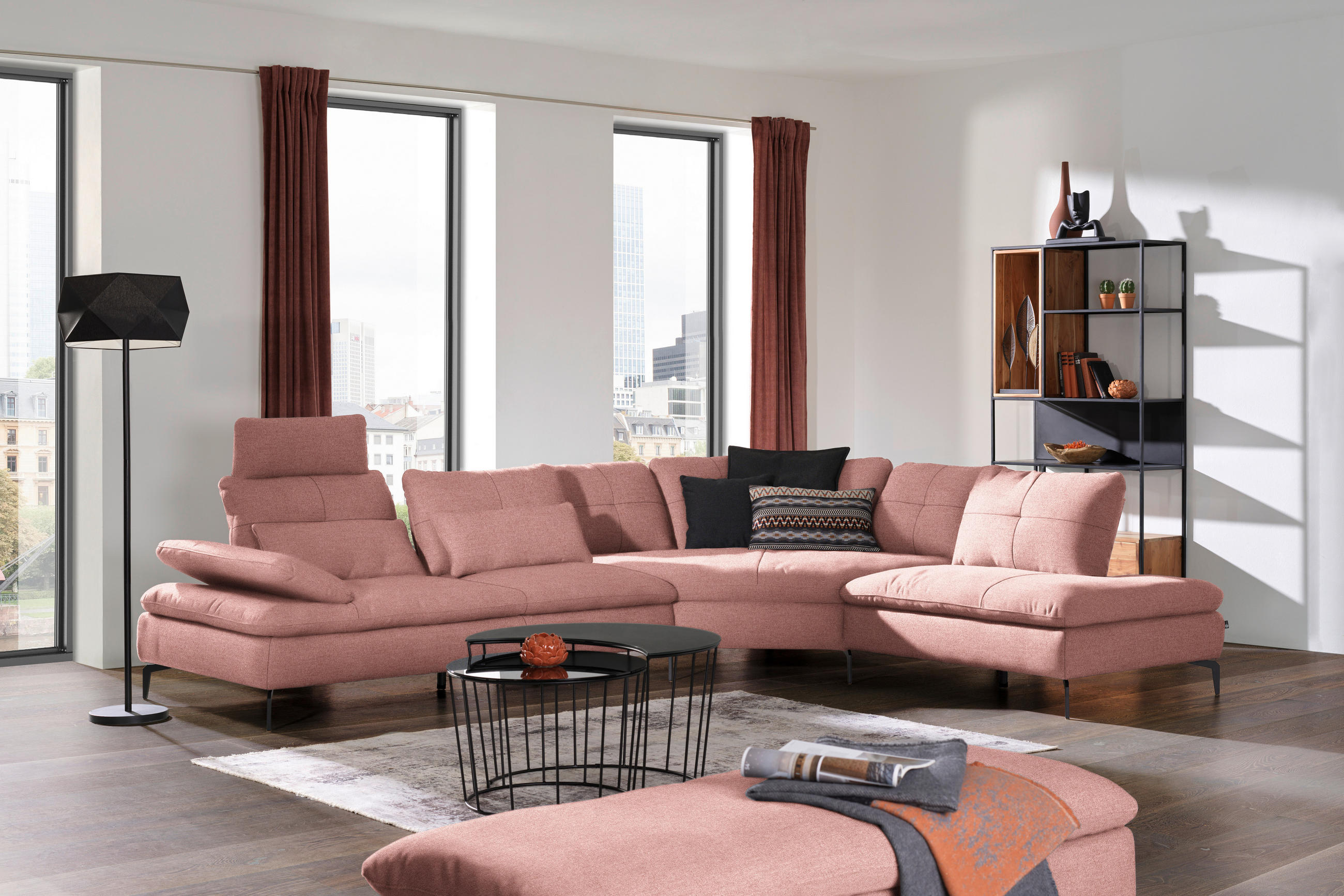 ECKSOFA in Flachgewebe Altrosa  344/271 cm  - Schwarz/Altrosa, Design, Textil/Metall (344/271cm) - Chilliano