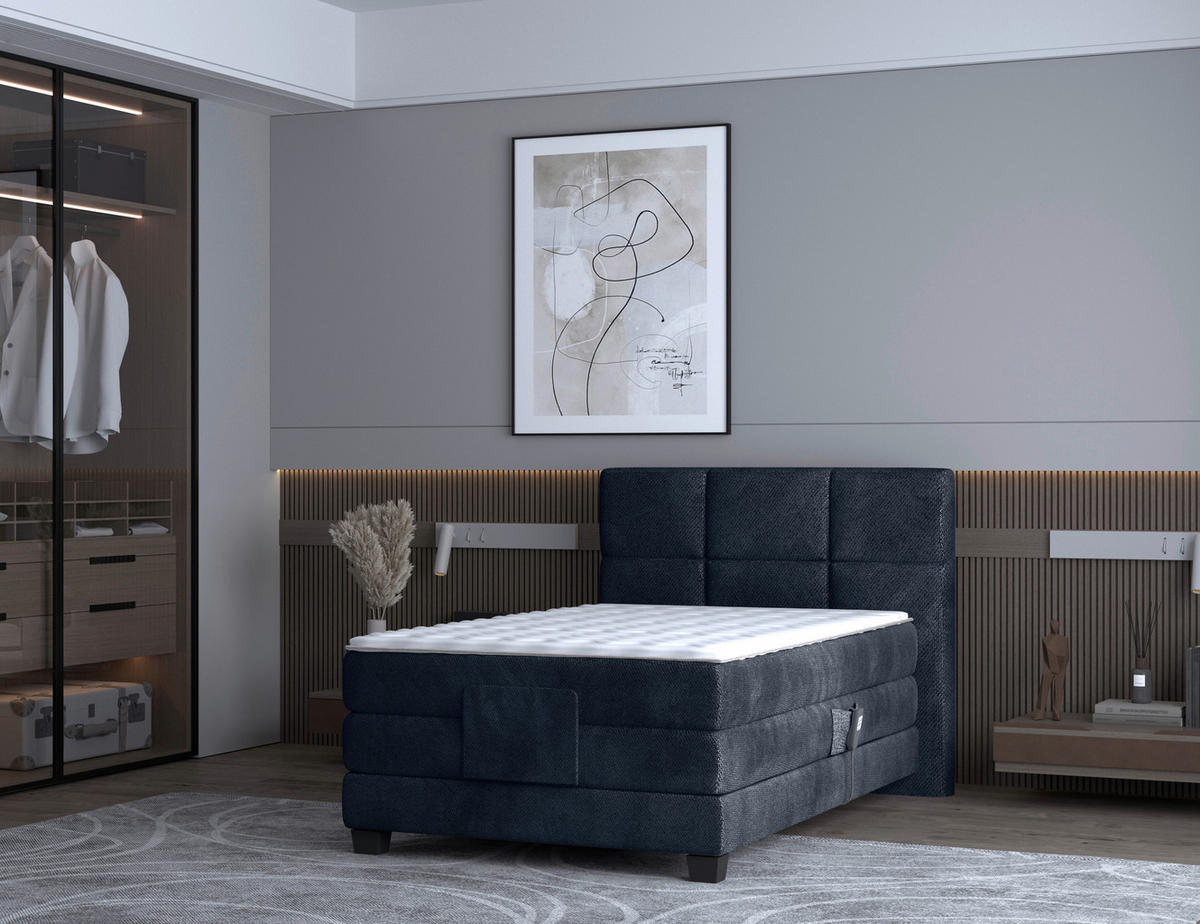 BOXSPRINGBETT 120/200 cm,  in Dunkelblau, Matratze, Topper, motorische Verstellbarkeit, Fernbedienung, H3 = fest  - Schwarz/Dunkelblau, KONVENTIONELL, Holz/Kunststoff (120/200cm) - Chameo