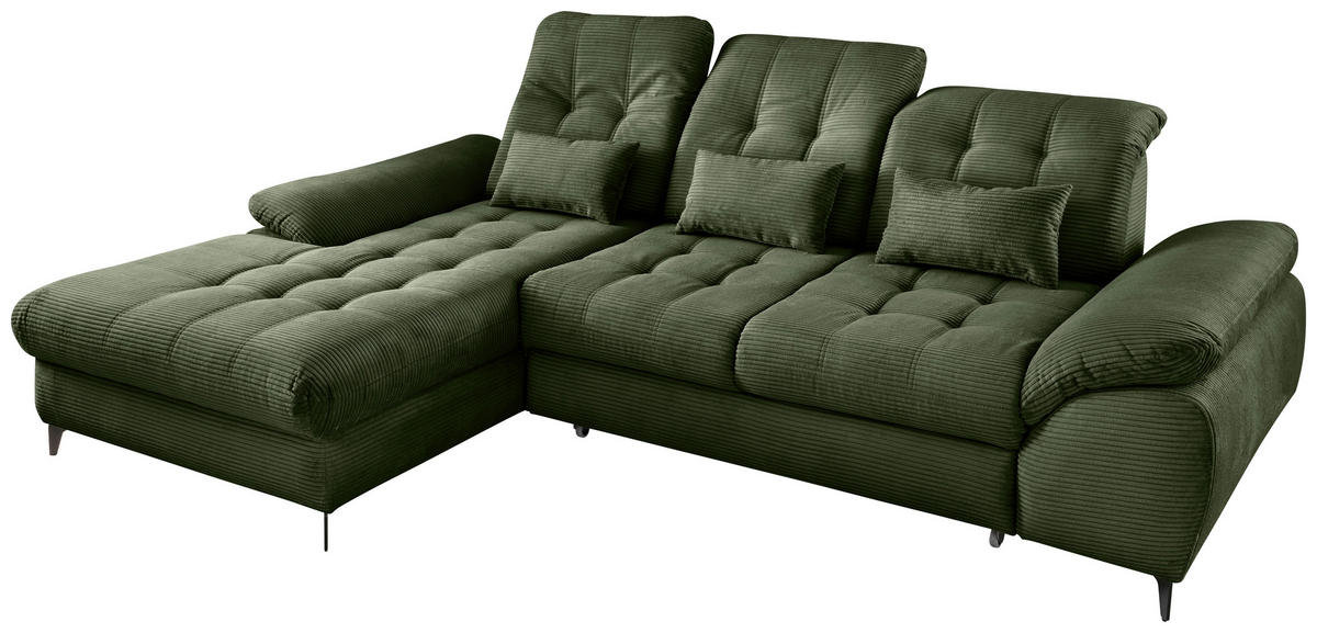 ECKSCHLAFSOFA  mit seitenverkehrt erhältlich, Rücken echt, Armteil links, Armteil rechts Cord Dunkelgrün  - Dunkelgrün/Schwarz, MODERN, Textil/Metall (189/273cm) - Livetastic