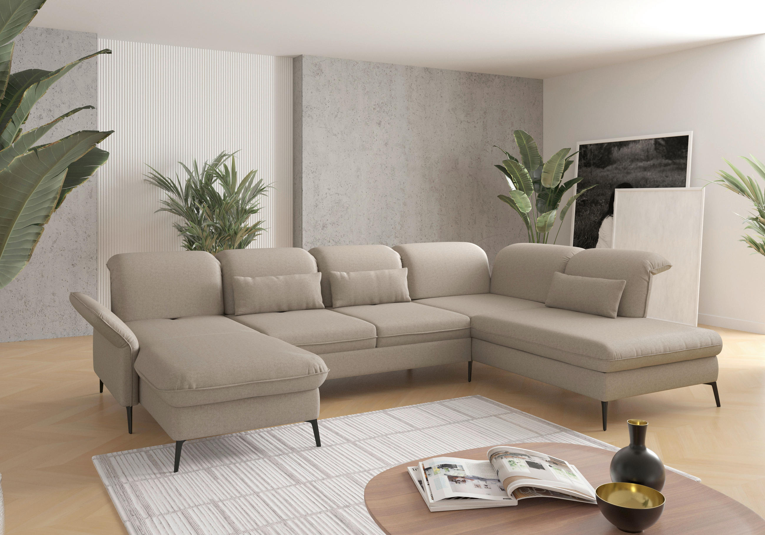 WOHNLANDSCHAFT Taupe Flachgewebe  - Taupe/Schwarz, KONVENTIONELL, Textil/Metall (198/359/231cm) - Sit & More