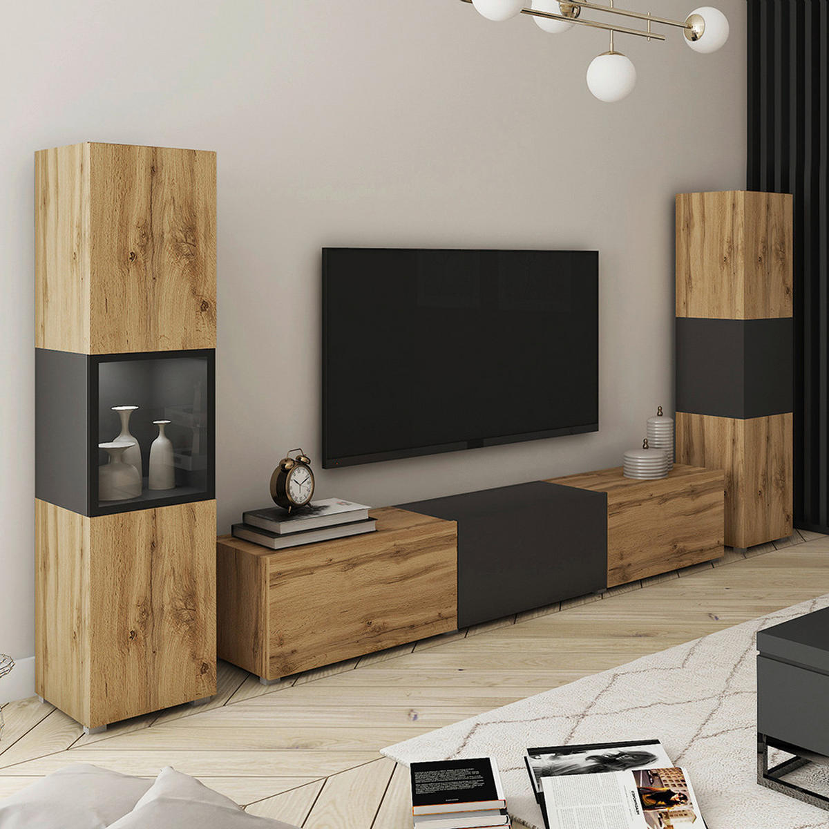 OBÝVACIA STENA, čierna, dub wotan - čierna/sivá, Design, kompozitné drevo/sklo (240/130/31cm) - MID.YOU