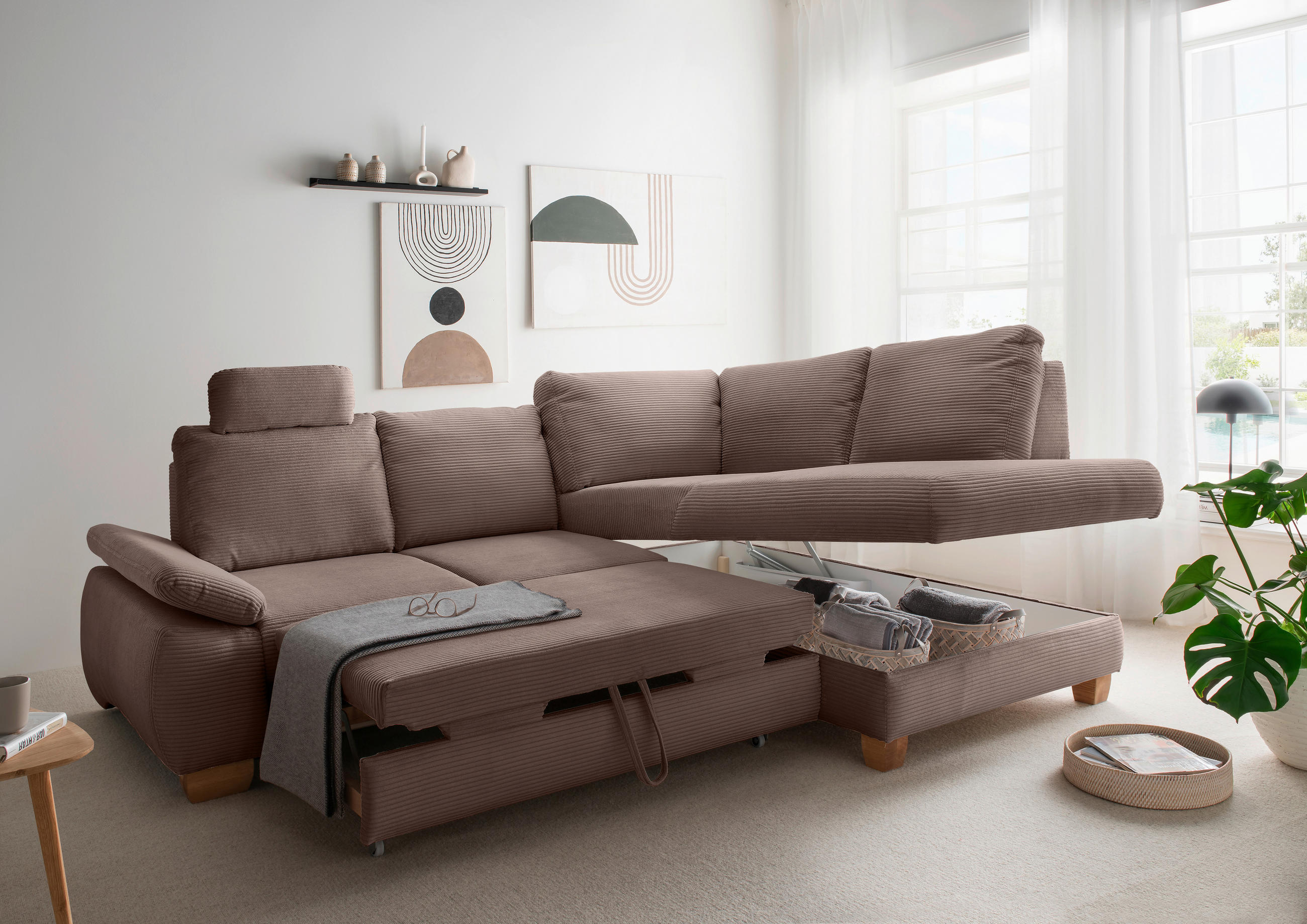ECKSCHLAFSOFA in Cord Graubraun  - Wildeiche/Graubraun, Modern, Holz/Textil (261/206cm) - Livetastic