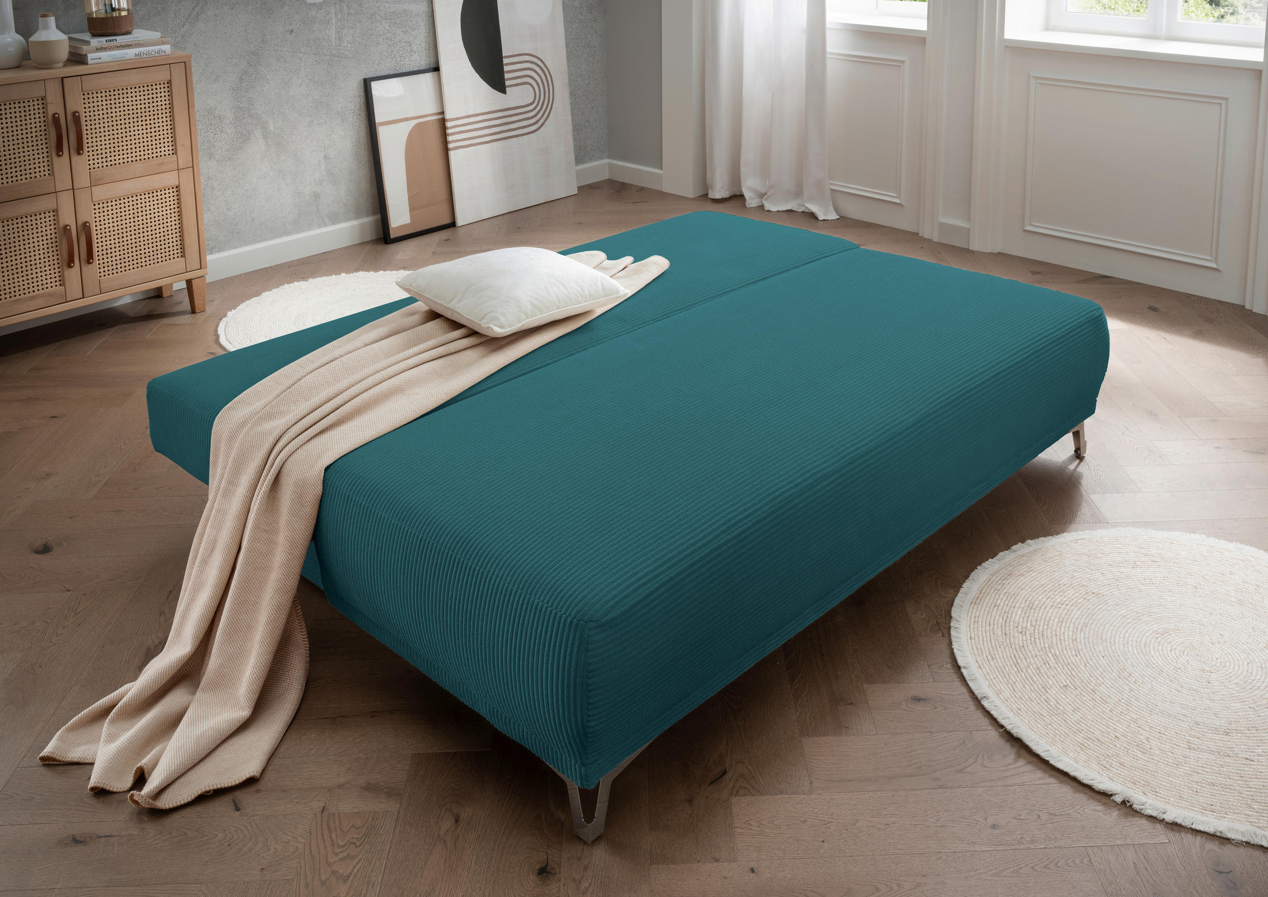 SCHLAFSOFA in Cord Petrol  - Chromfarben/Petrol, MODERN, Textil/Metall (198/90/100cm) - Livetastic