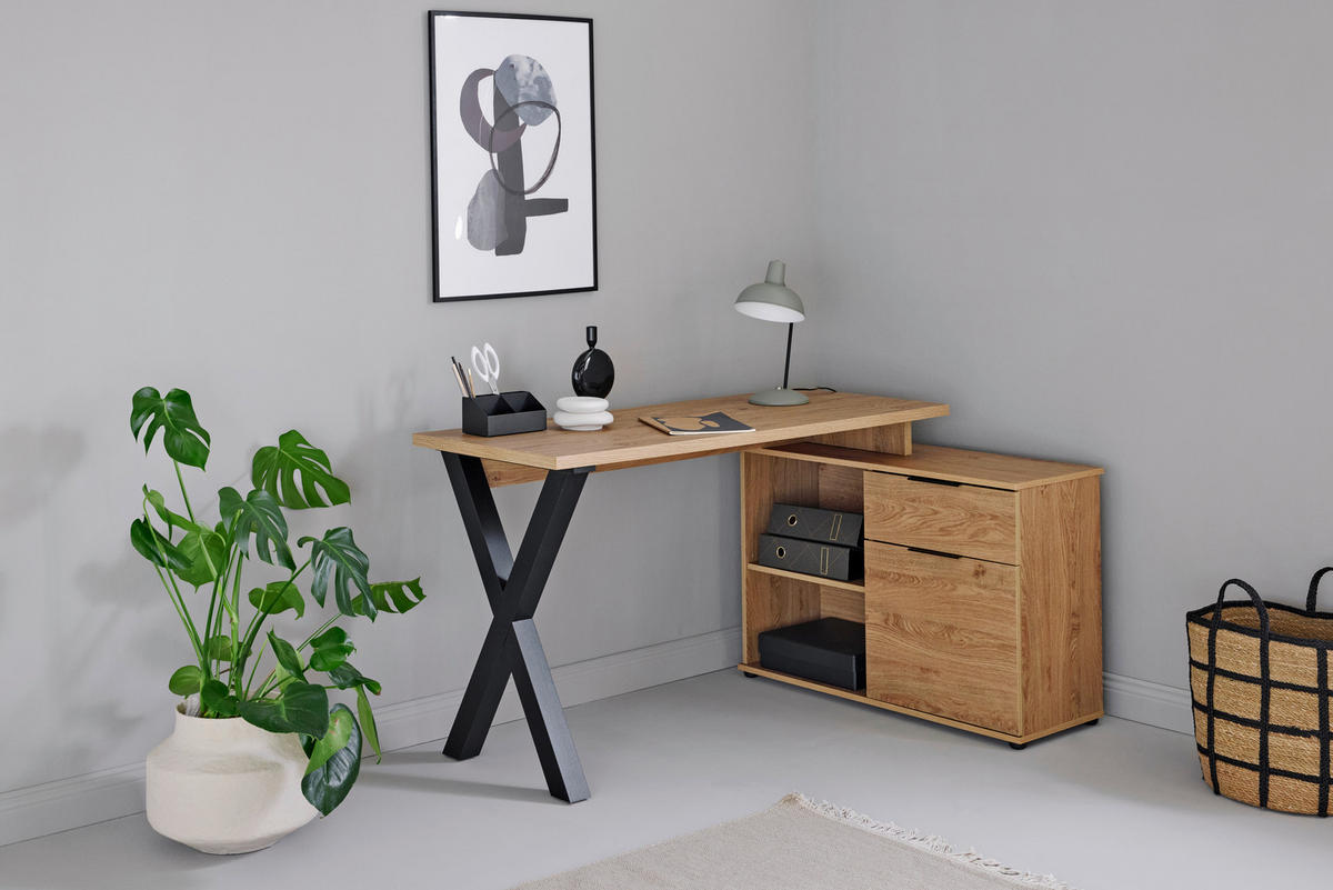 ECKSCHREIBTISCH 140/95/76 cm  in Eichefarben  - Eichefarben/Schwarz, Modern, Holzwerkstoff/Metall (140/95/76cm) - Livetastic
