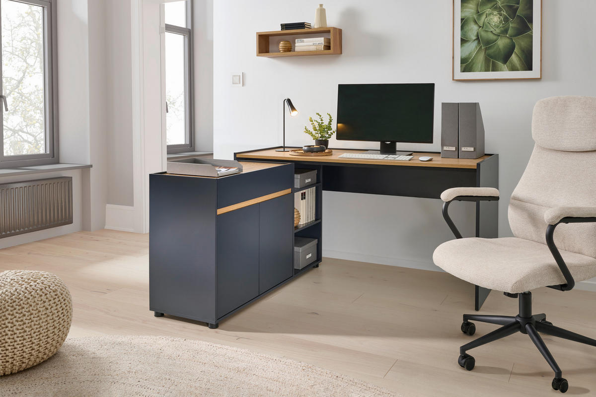 KOTNA PISALNA MIZA leseni material črna, barve hrasta  - črna/barve hrasta, Moderno, leseni material (150/76,5/136,5cm) - MID.YOU