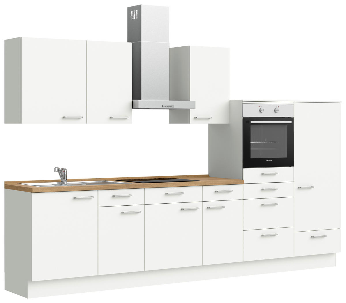KÜCHENBLOCK 330 cm   in Weiß, Eichefarben  - Edelstahlfarben/Eichefarben, MODERN, Holzwerkstoff/Metall (330cm) - Nobilia