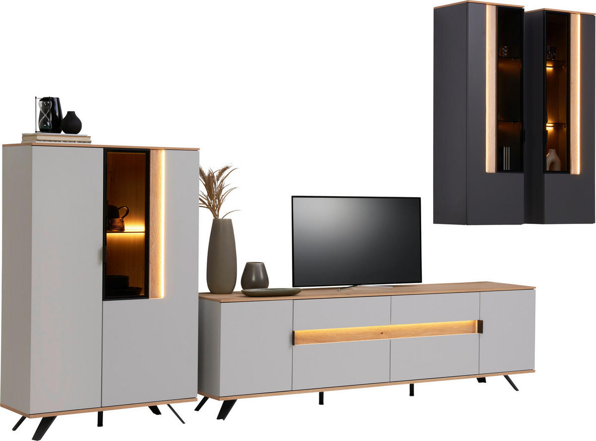 WOHNWAND 4-teilig  Anthrazit, Eichefarben, Hellgrau    - Eichefarben/Anthrazit, Design, Glas/Holz (384,4/206/48cm) - Dieter Knoll