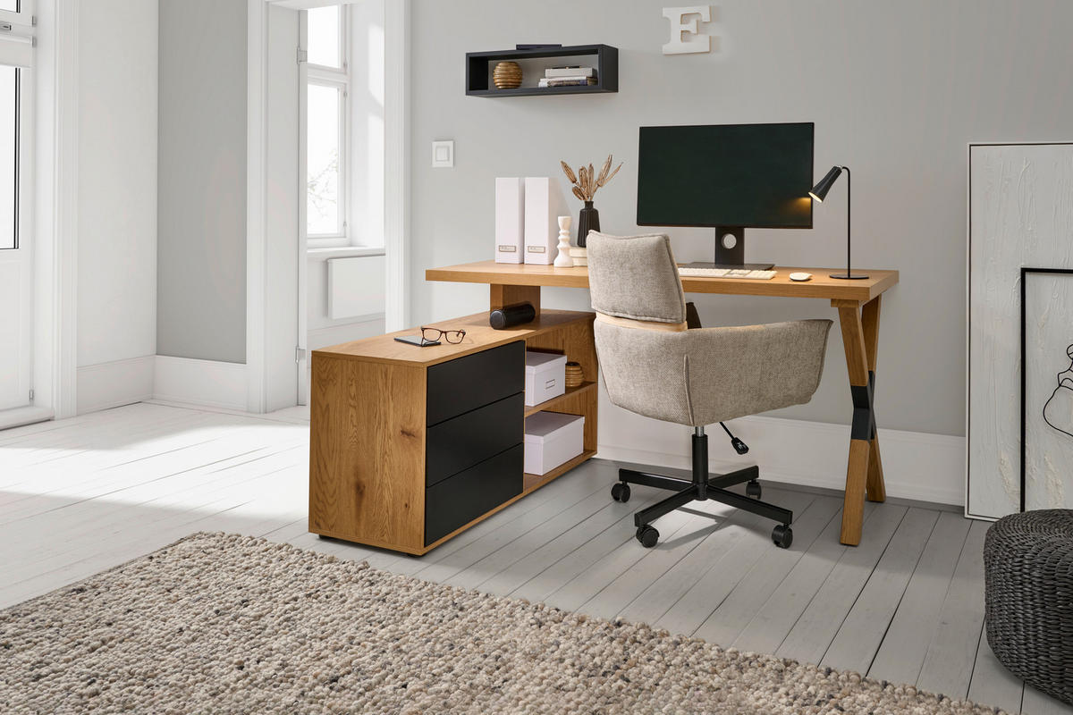 KOTNA PISALNA MIZA kovina, leseni material črna, barve hrasta  - črna/barve hrasta, Moderno, kovina/leseni material (150/75/120cm) - MID.YOU