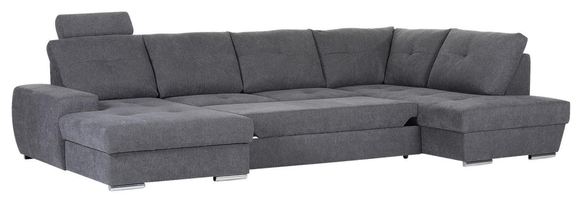 WOHNLANDSCHAFT in Flachgewebe Dunkelgrau  - Chromfarben/Dunkelgrau, Konventionell, Kunststoff/Textil (180/338/217cm) - Hom`in