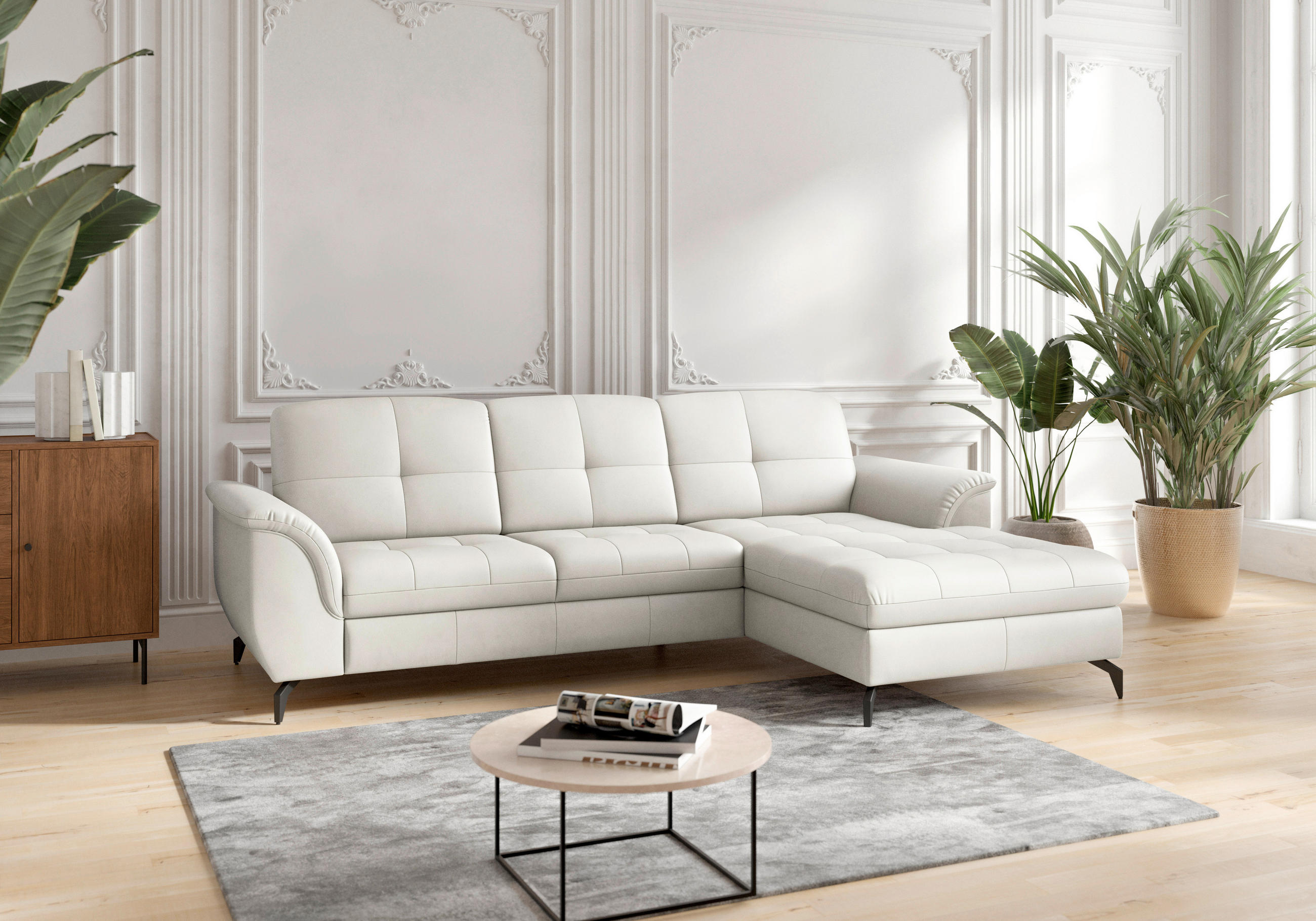 ECKSOFA in Vliesstoff Kombination Echtleder/Stoff Weiß  262/164 cm  - Schwarz/Weiß, MODERN, Leder/Textil (262/164cm) - Sit & More