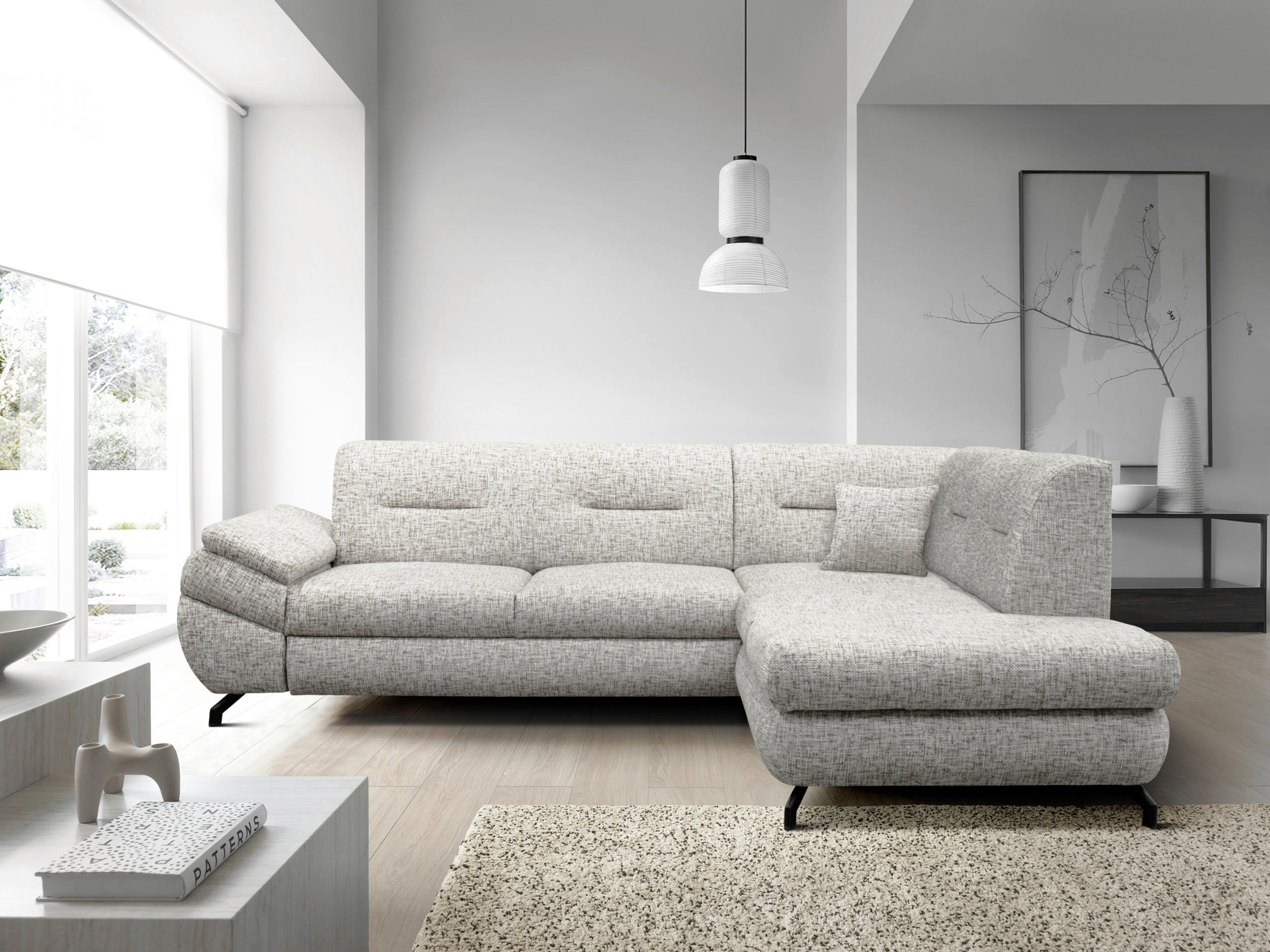 ECKSOFA Beige Struktur, Plüsch  - Beige/Schwarz, Design, Textil/Metall (274/201cm) - MID.YOU