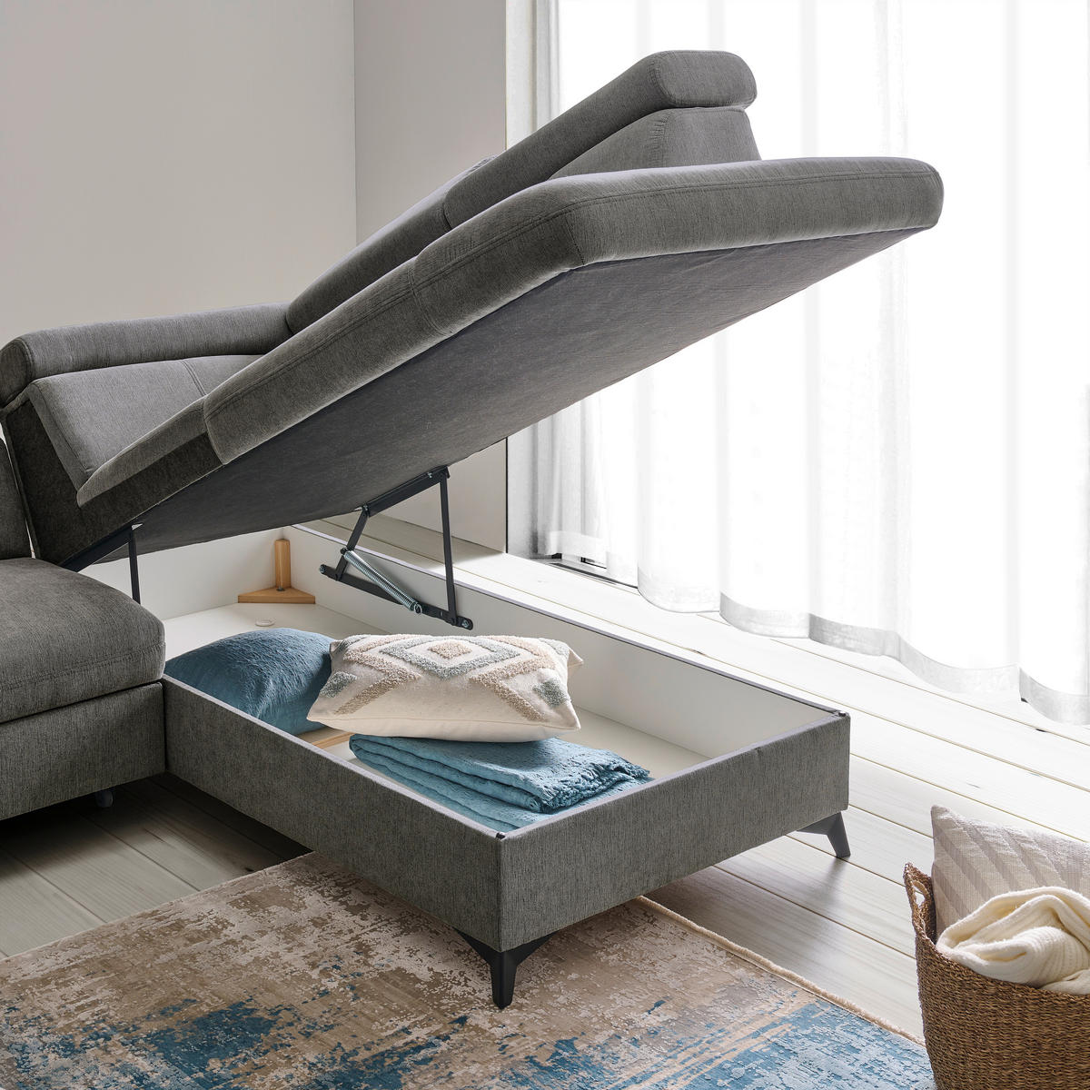 Ecksofa inkl. Funktionen PRAG Anthrazit Chenille  - Anthrazit/Schwarz, Design, Textil/Metall (260/203cm) - Stylife
