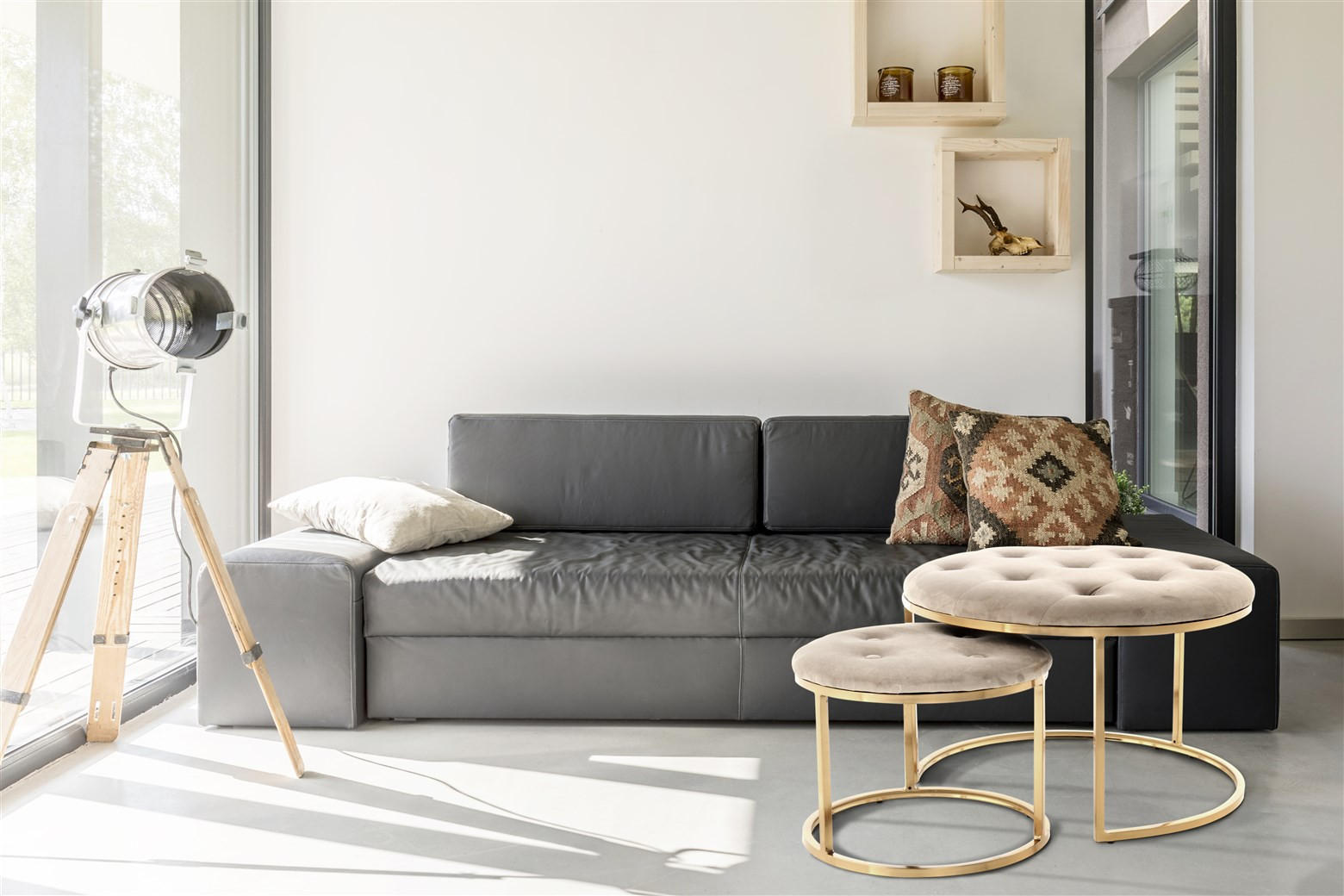 HOCKERSET Taupe, Goldfarben  - Taupe/Goldfarben, Design, Textil/Metall (40 / 60/32 / 41/40 / 60cm) - Kayoom