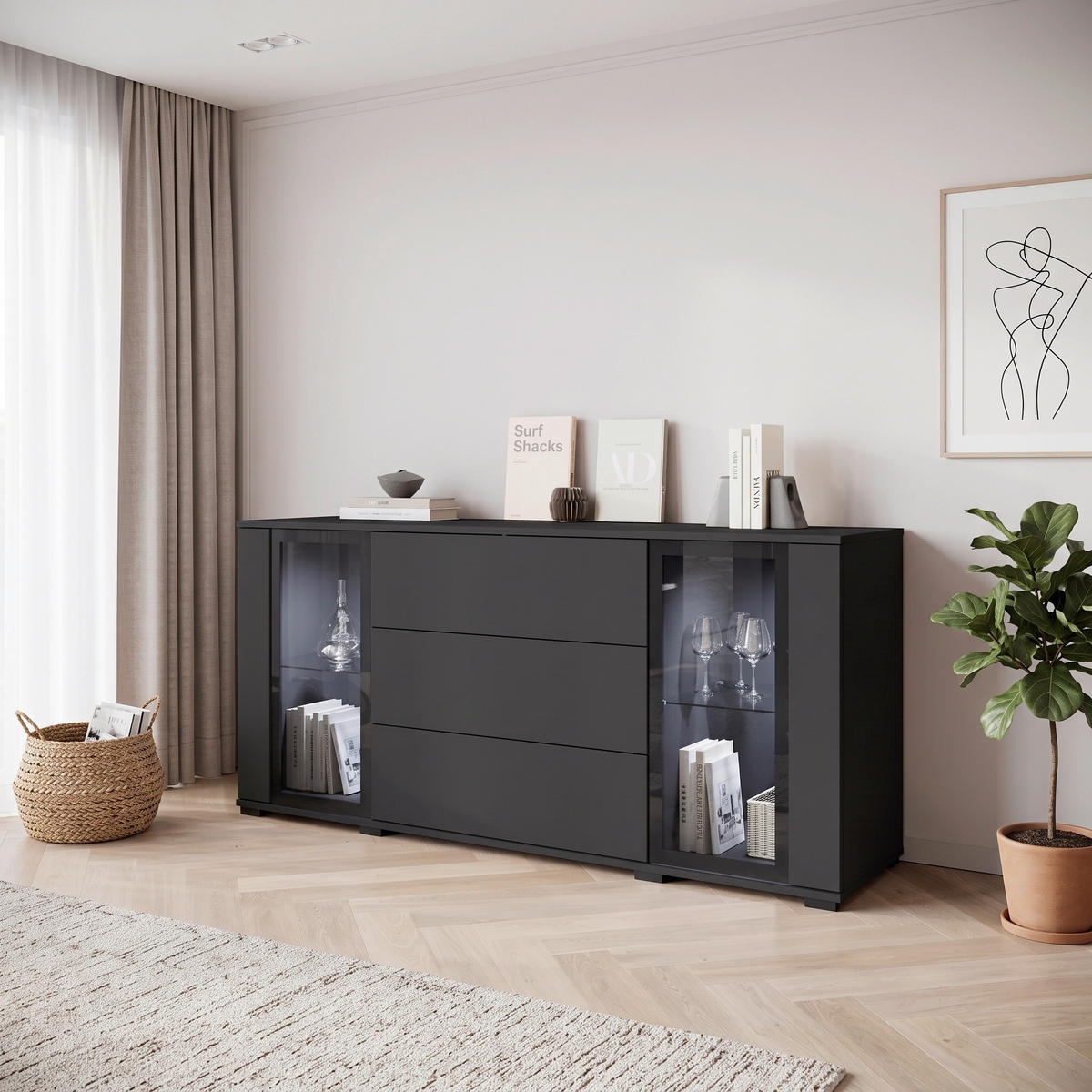 SIDEBOARD Caro 150/69,7/39,5 cm 3 Schublade(n)  - Schwarz, Design, Glas/Holzwerkstoff (150/69,7/39,5cm) - P & B