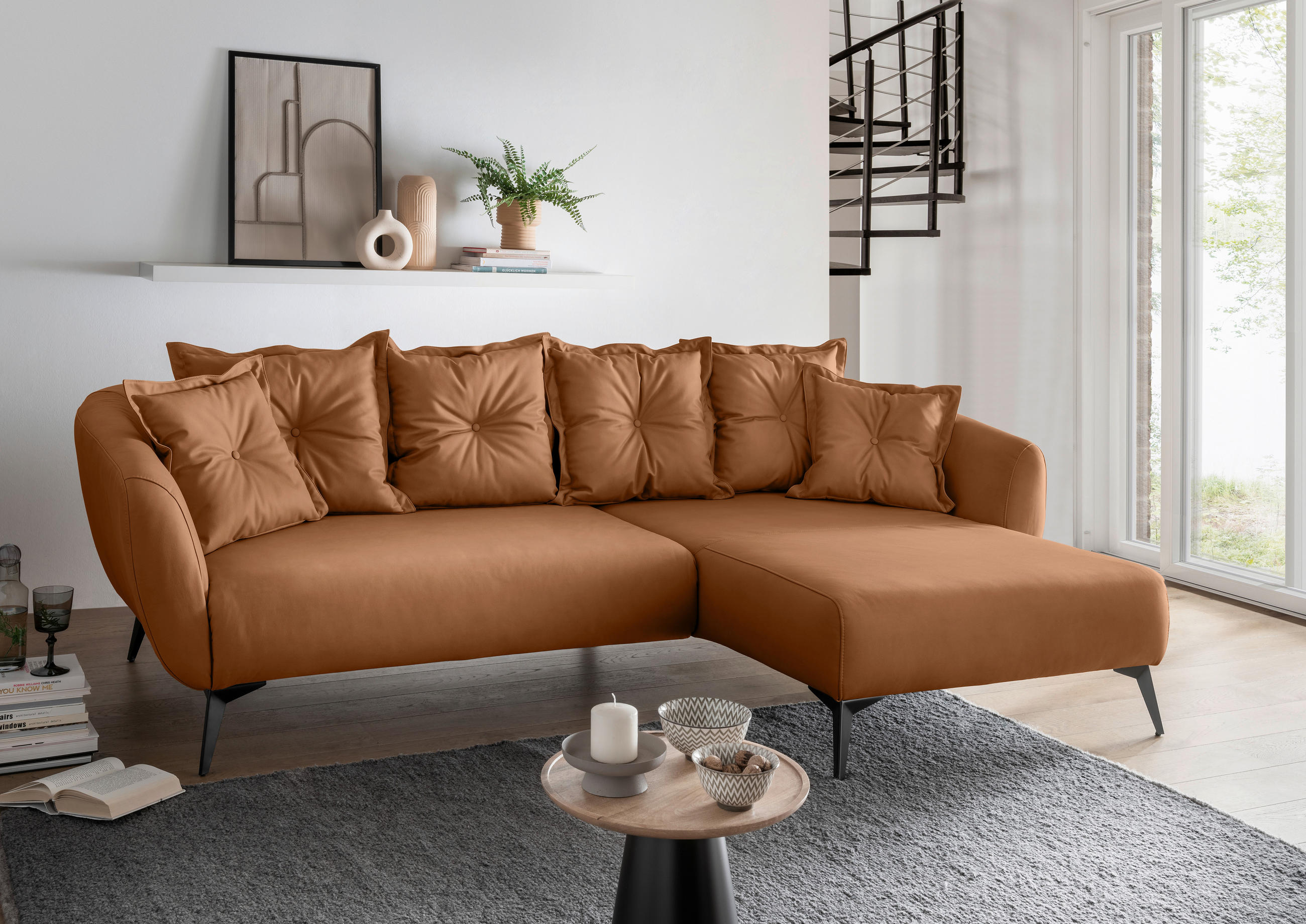 ECKSOFA in Lederlook Cognac  - Cognac/Schwarz, Modern, Textil/Metall (277/162cm) - Livetastic
