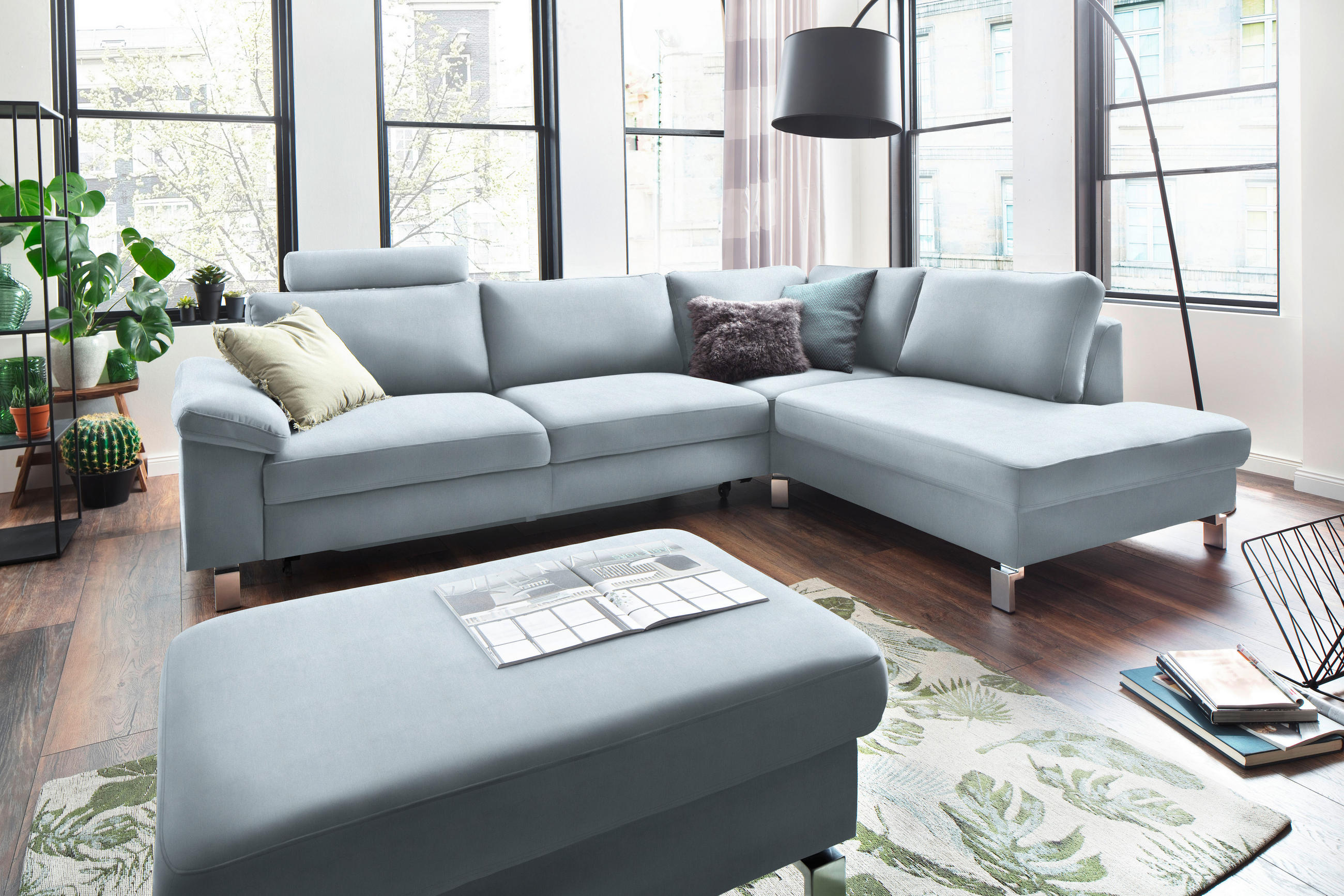 ECKSOFA in Velours Hellblau  - Chromfarben/Hellblau, Design, Textil/Metall (281/200cm) - Pure Home Lifestyle
