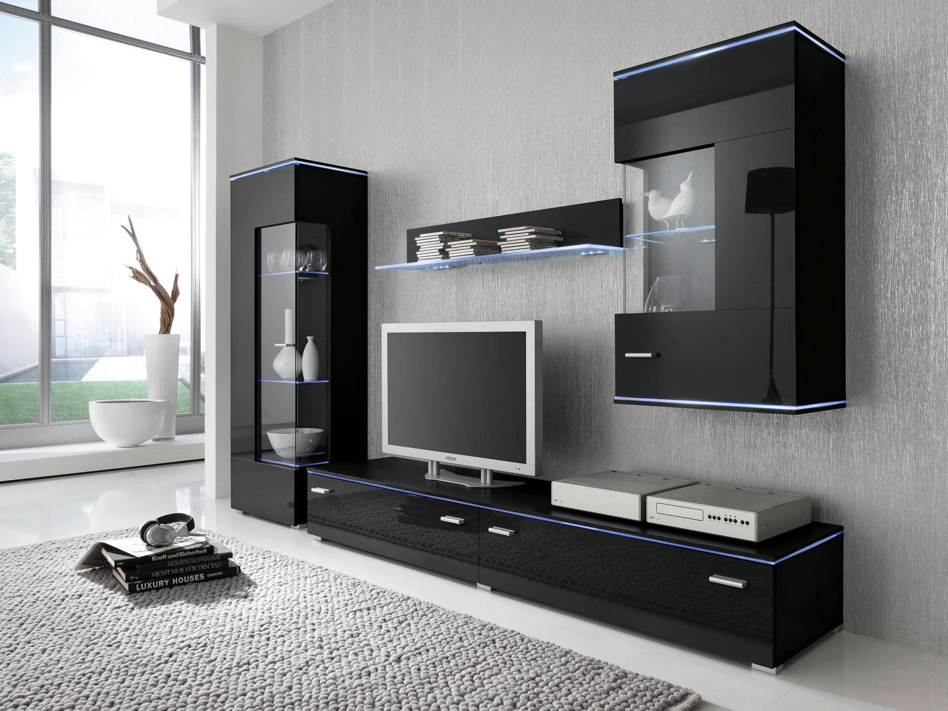 WOHNWAND  in Schwarz  230/148/42 cm  - Silberfarben/Schwarz, Design, Glas/Holzwerkstoff (230/148/42cm) - Livetastic