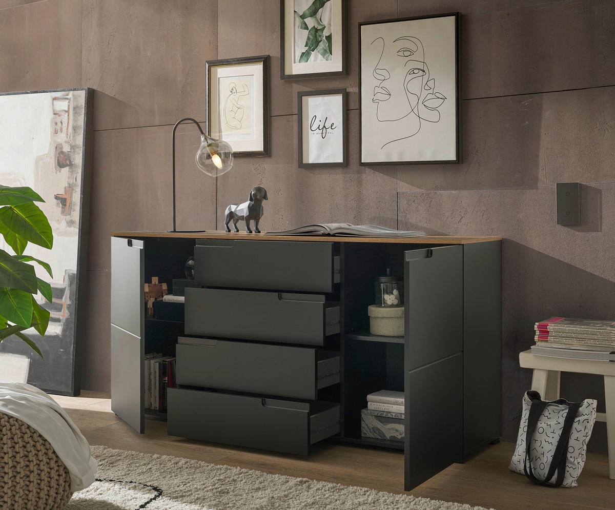 SIDEBOARD  in 165/80/40 cm  - Eichefarben/Schwarz, Design, Holzwerkstoff (165/80/40cm) - home24