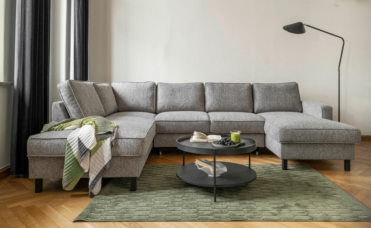 WOHNLANDSCHAFT in Struktur Grau  - Schwarz/Grau, Holz/Textil (198/298/148cm) - MID.YOU