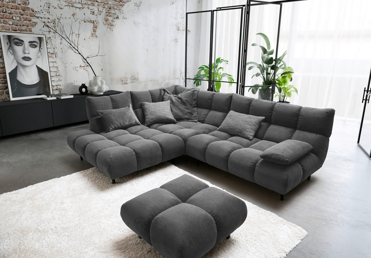 ECKSOFA Ottomane links, Eckteil  Anthrazit Feincord  - Anthrazit/Schwarz, Design, Holz/Textil (215/288cm) - Pure Home Lifestyle