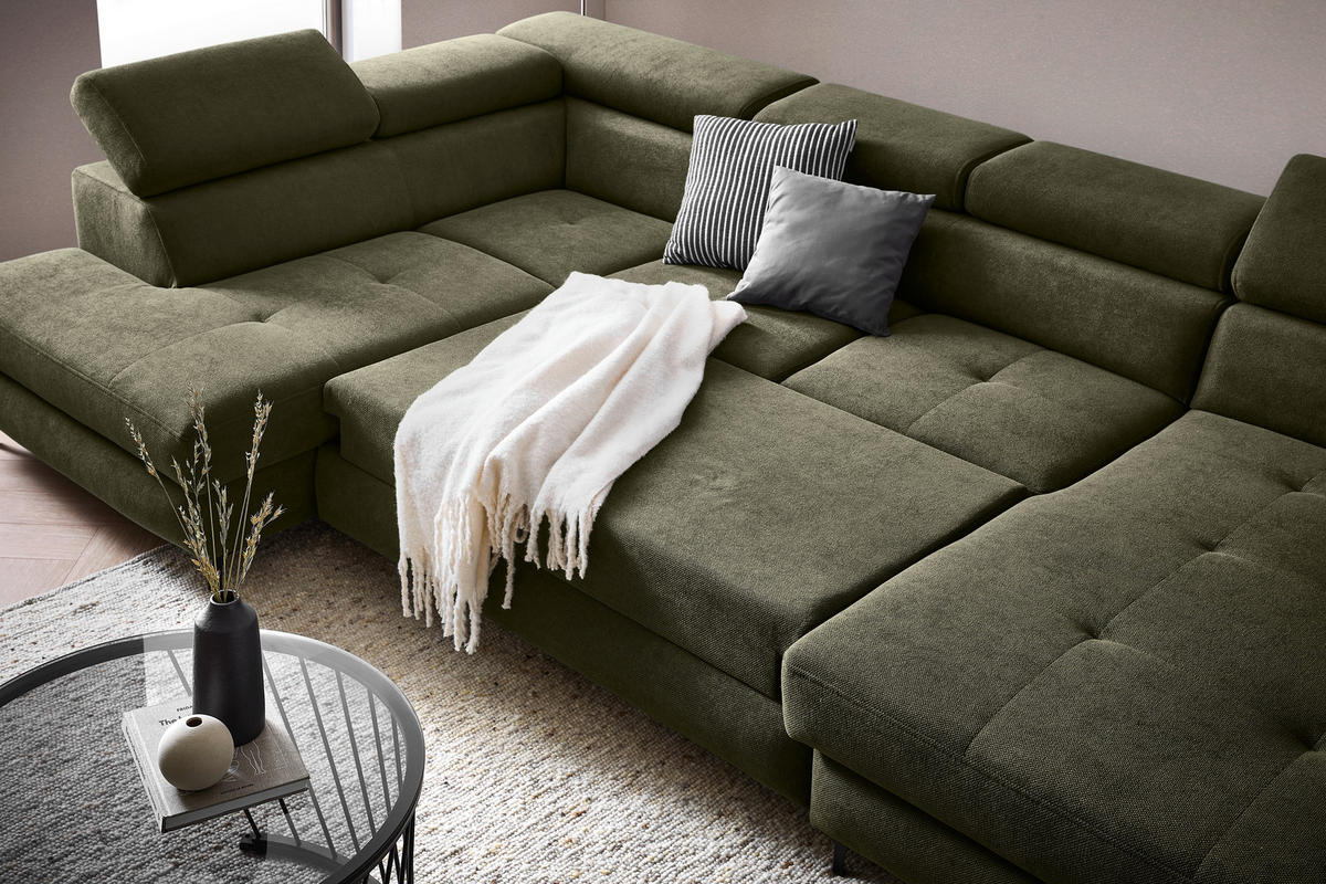 WOHNLANDSCHAFT inkl. Funktion Dunkelgrün Flachgewebe  - Dunkelgrün/Schwarz, MODERN, Textil/Metall (206/333/180cm) - Stylife