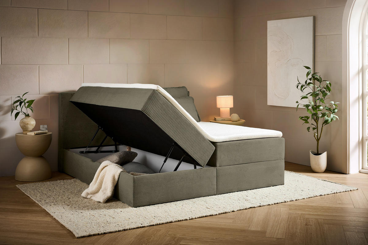 BOXBETT 180/200 cm,  in Waldgrün, Kissen, Bettkasten, Topper, H3 + H3 = fest  - Waldgrün/Schwarz, Design, Kunststoff/Textil (180/200cm) - Chameo