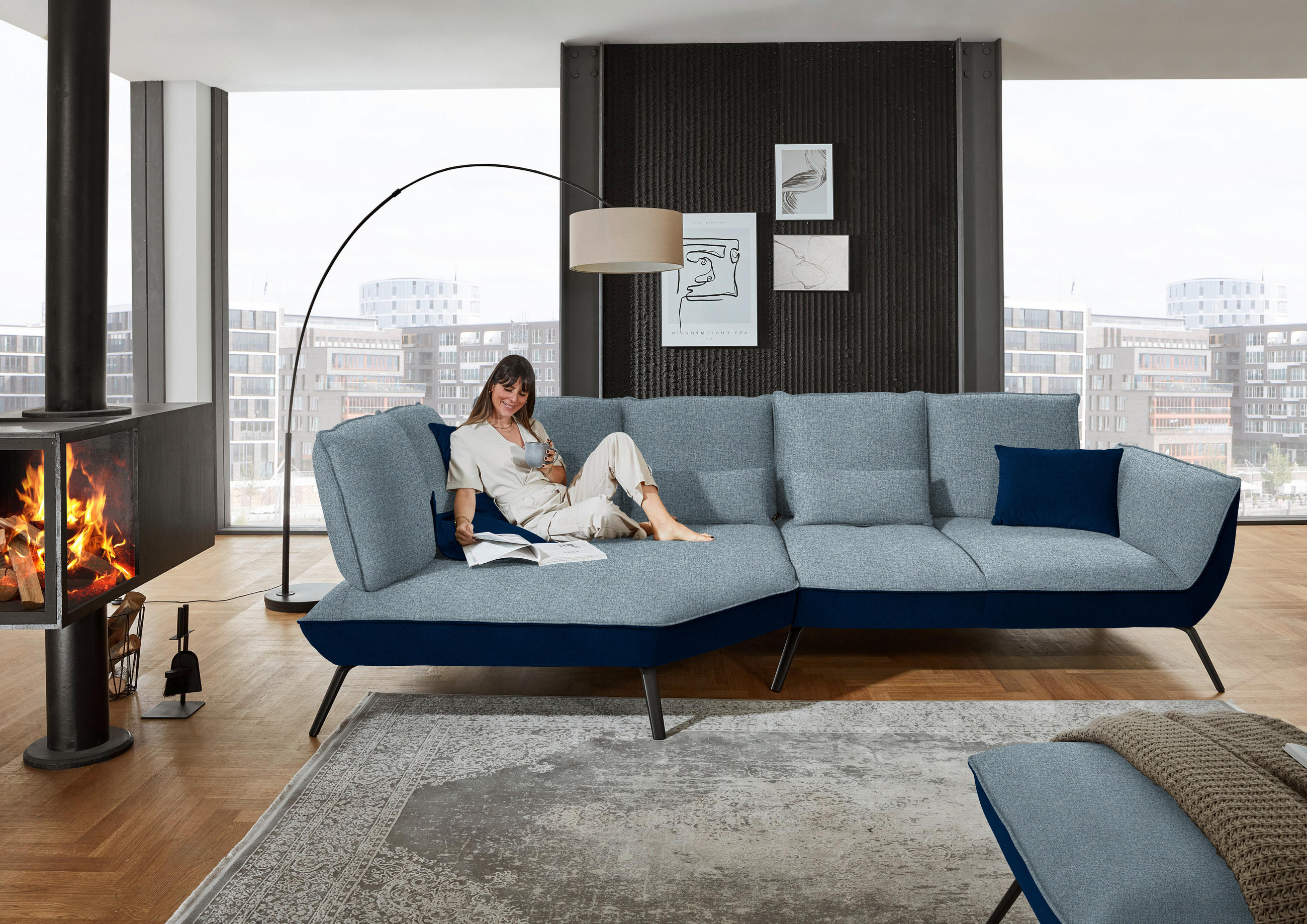 ECKSOFA in Flachgewebe Blau  - Blau/Schwarz, Design, Textil/Metall (169/320cm) - Moderano