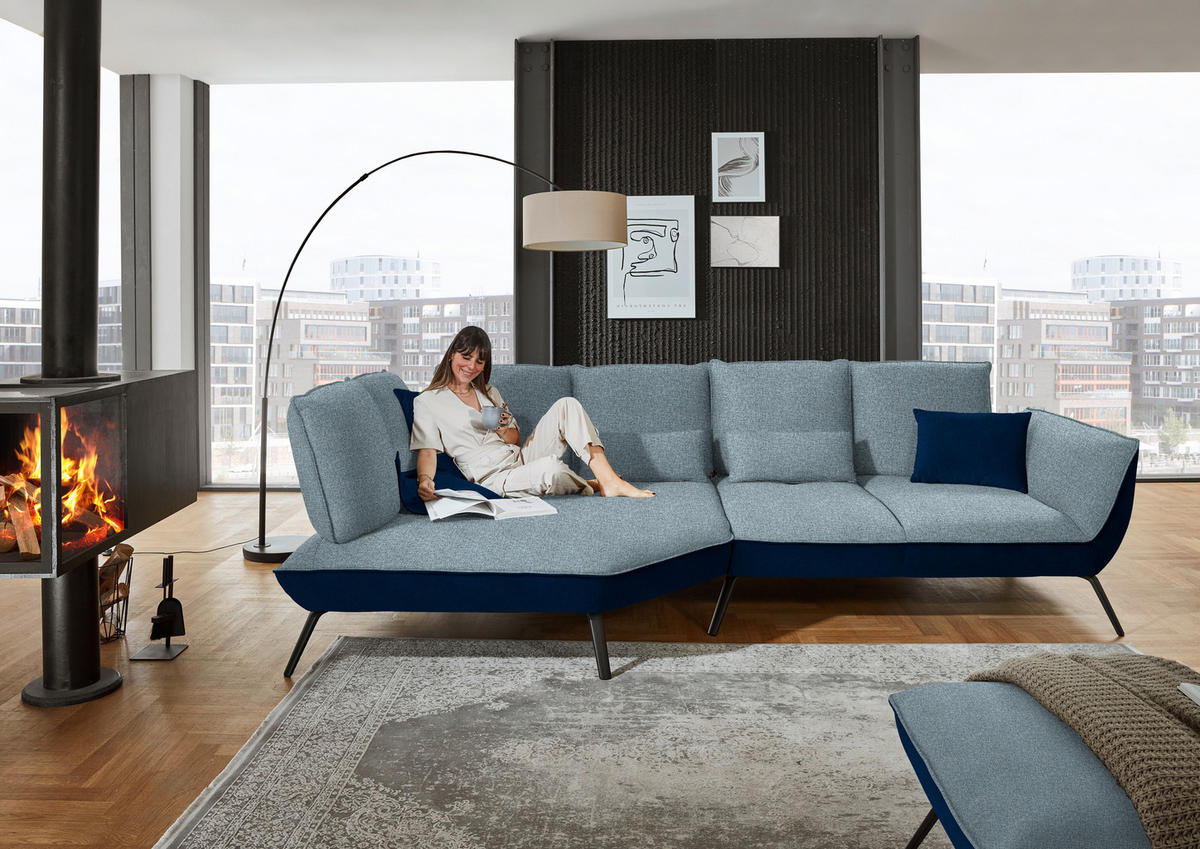 ECKSOFA Blau Flachgewebe  - Blau/Schwarz, Design, Textil/Metall (169/320cm) - Moderano