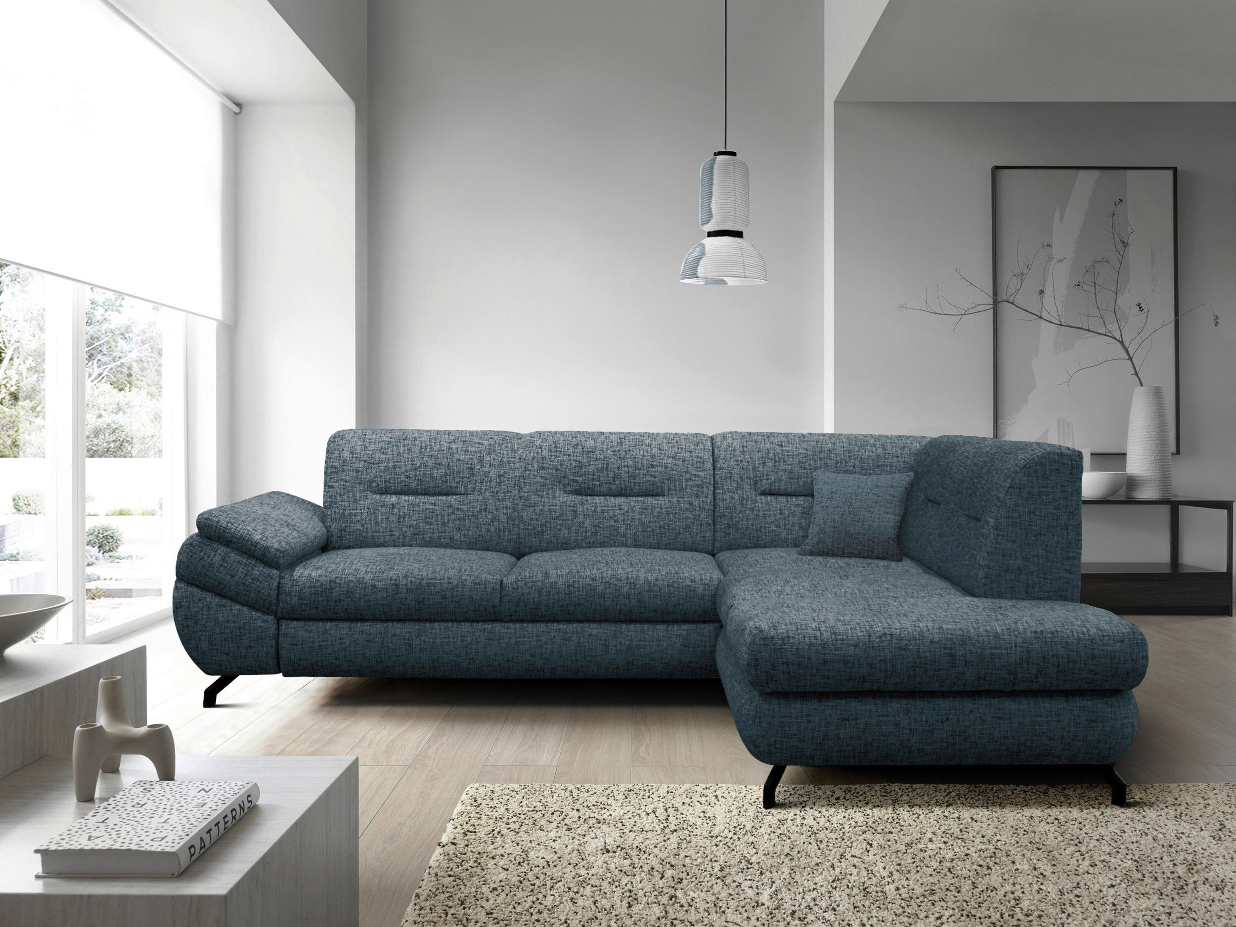 ECKSOFA Blau Struktur, Plüsch  - Blau/Schwarz, Design, Textil/Metall (274/201cm) - MID.YOU