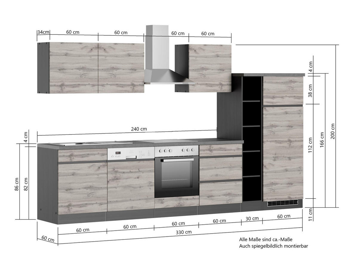 KÜCHENBLOCK 330 cm   in Graphitfarben, Eiche Wotan  - Eiche Wotan/Graphitfarben, Design, Holzwerkstoff (330cm) - Held