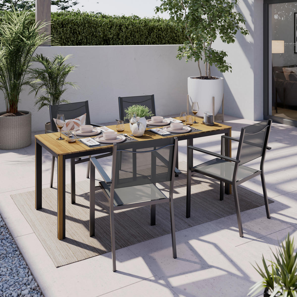 GARTENTISCH  - Schwarz/Teakfarben, MODERN, Holz/Metall (180/90/75cm) - Ambia Garden