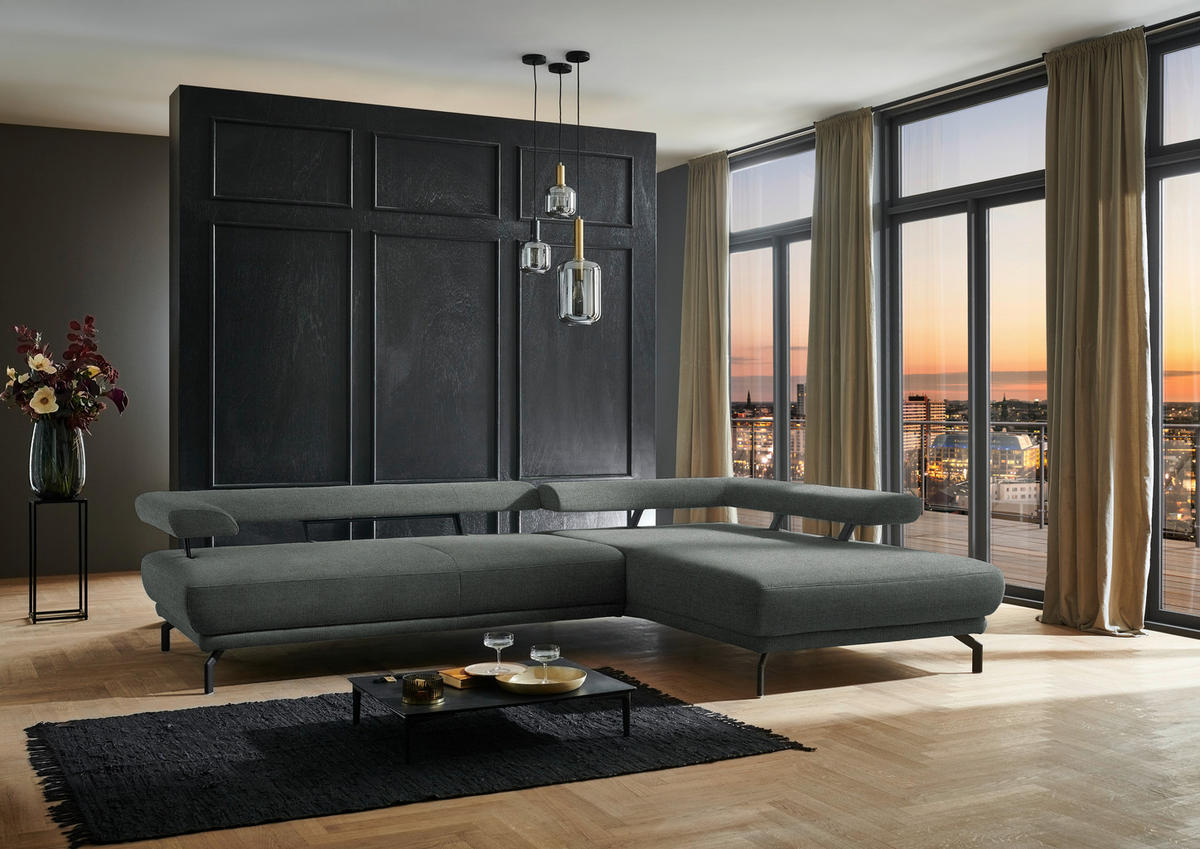 ECKSOFA in Chenille Graugrün  305/224 cm  - Schwarz/Graugrün, Design, Textil/Metall (305/224cm) - Dieter Knoll