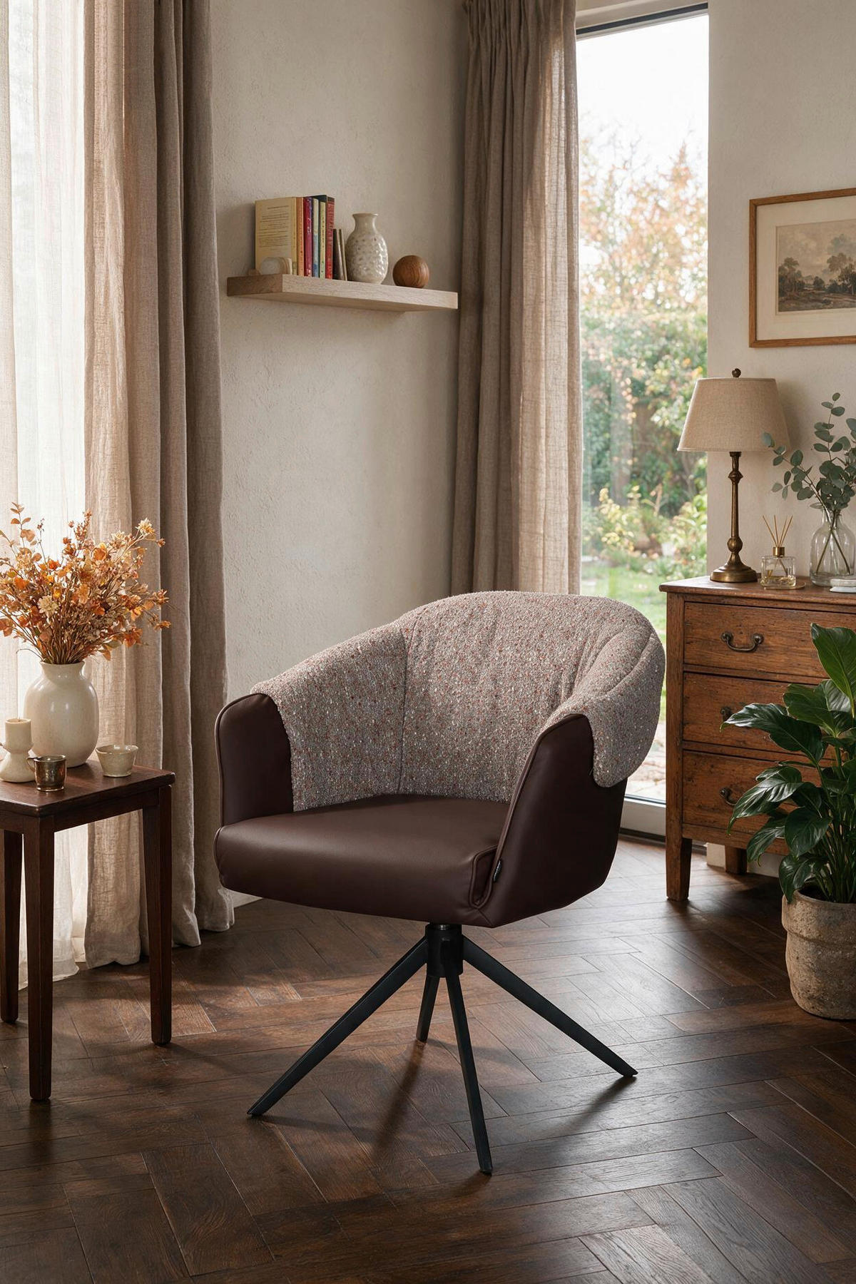 ARMLEHNSTUHL  Sitzfläche 360° drehbar, automatische Rückholfunktion Lederlook, Leinenoptik  Braun, Schwarz  - Schwarz/Braun, Design, Textil/Metall (68,5/83/65,5cm) - Carryhome