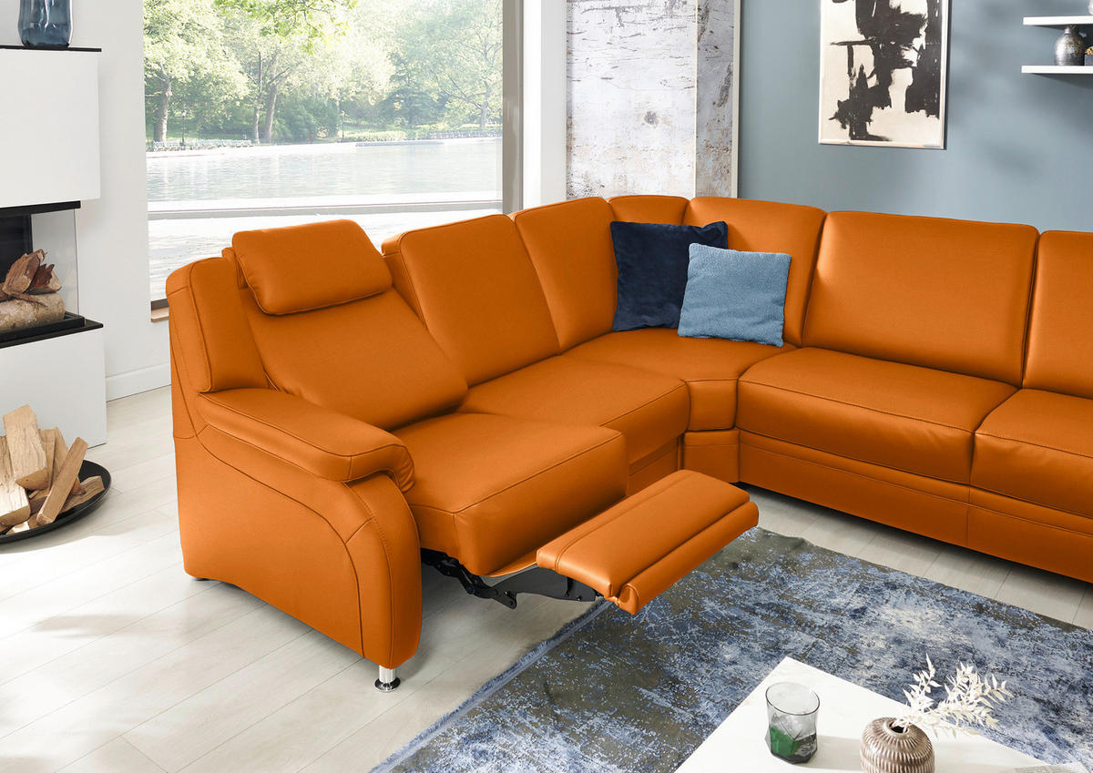 WOHNLANDSCHAFT Echtleder Orange  - Alufarben/Orange, Konventionell, Leder/Metall (239/329/165cm) - Beldomo Premium