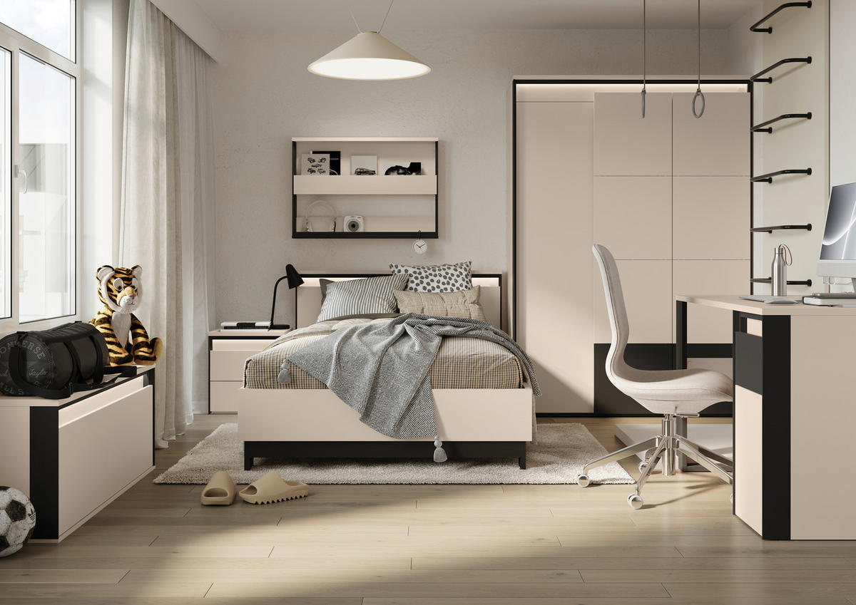 BETT 120/200 cm,  in Schwarz, Beige, Beleuchtung  - Beige/Schwarz, Design, Metall (120/200cm) - Voleo