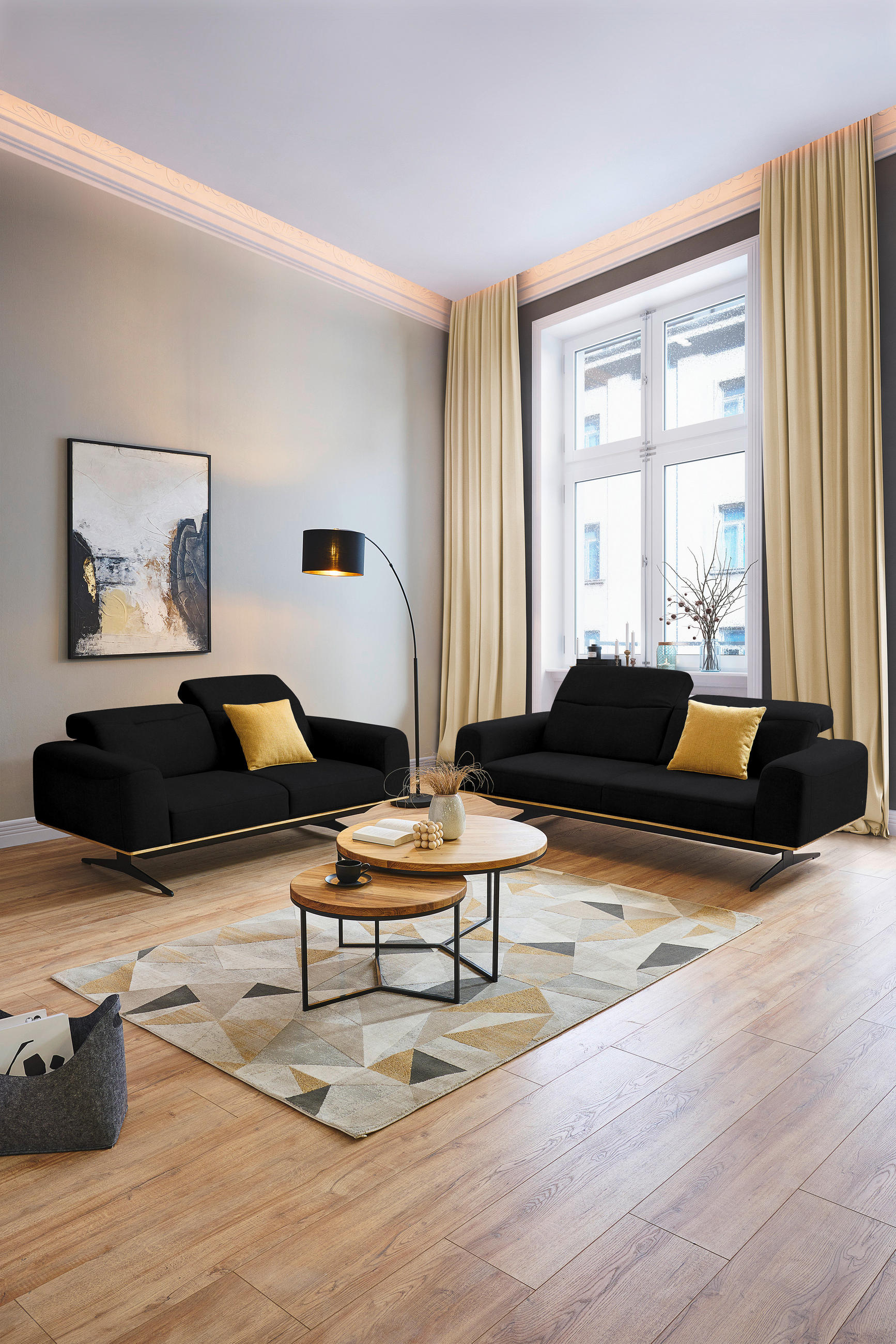 3-SITZER-SOFA in Echtleder Schwarz  - Schwarz, Design, Leder/Holz (205/76-97/102cm) - Novel